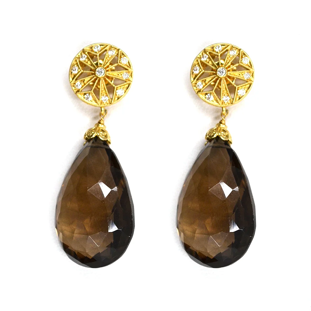 18k Yellow Gold with Smokey Topaz and Diamond Earrings