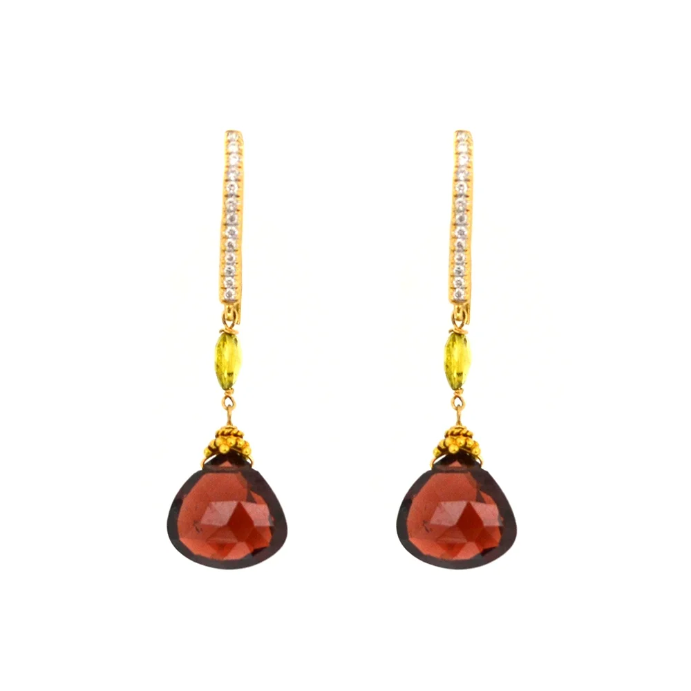 18k Yellow Gold with Garnet and Diamond Earrings