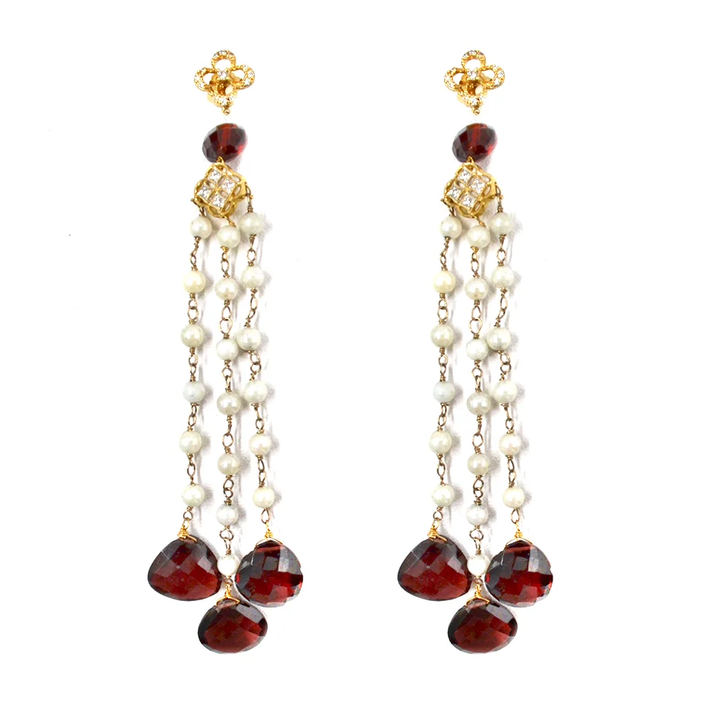 14k Yellow Gold with Garnet and seed Pearls and Diamond Earrings