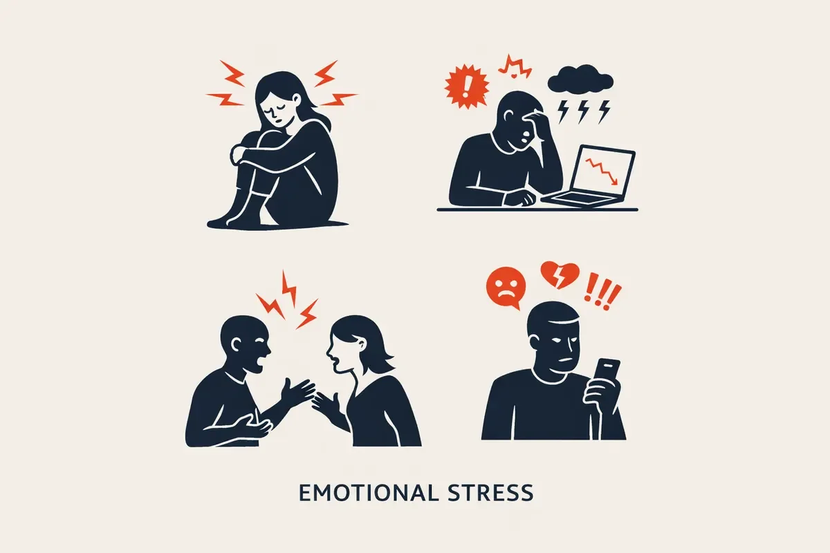 Legend Chiropractic Excelsior emotional stress infographic showing isolation, work overwhelm, conflict, and phone/digital stress—how emotional stress can overload the nervous system in Excelsior MN and the Lake Minnetonka area.