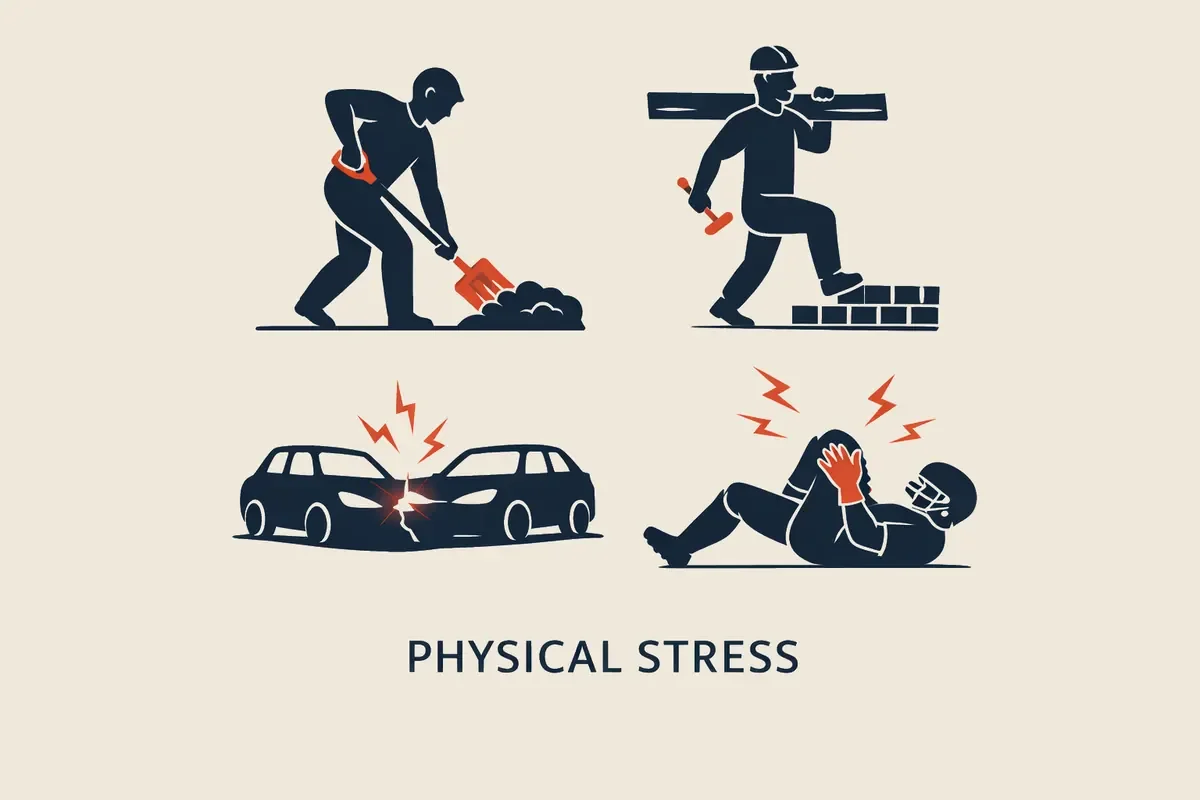 Legend Chiropractic Excelsior physical stress infographic showing shoveling/lifting strain, car accident impact, and sports injury—how physical stress can overload the nervous system in Excelsior MN and the Lake Minnetonka area.