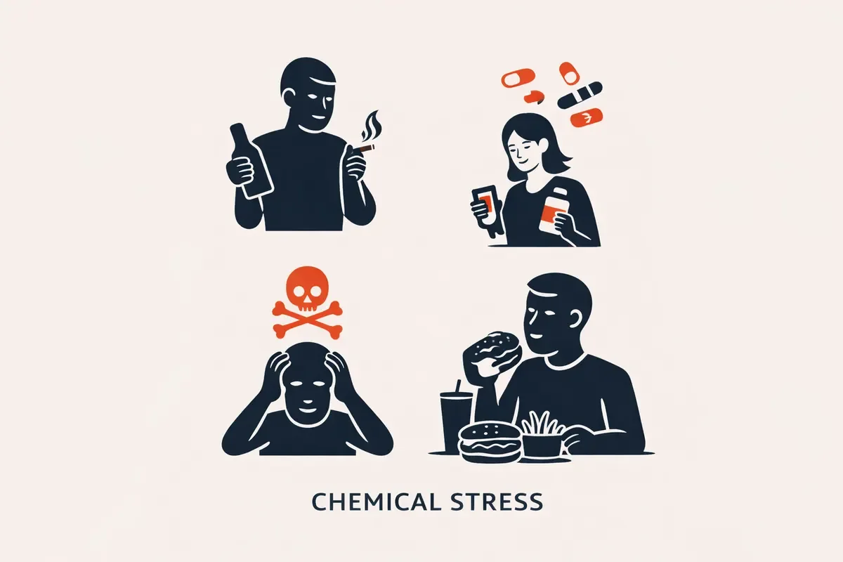 Legend Chiropractic Excelsior chemical stress infographic showing smoking/alcohol, frequent medications, toxin exposure, and processed food—how chemical stress can overload the nervous system in Excelsior MN and the Lake Minnetonka area.