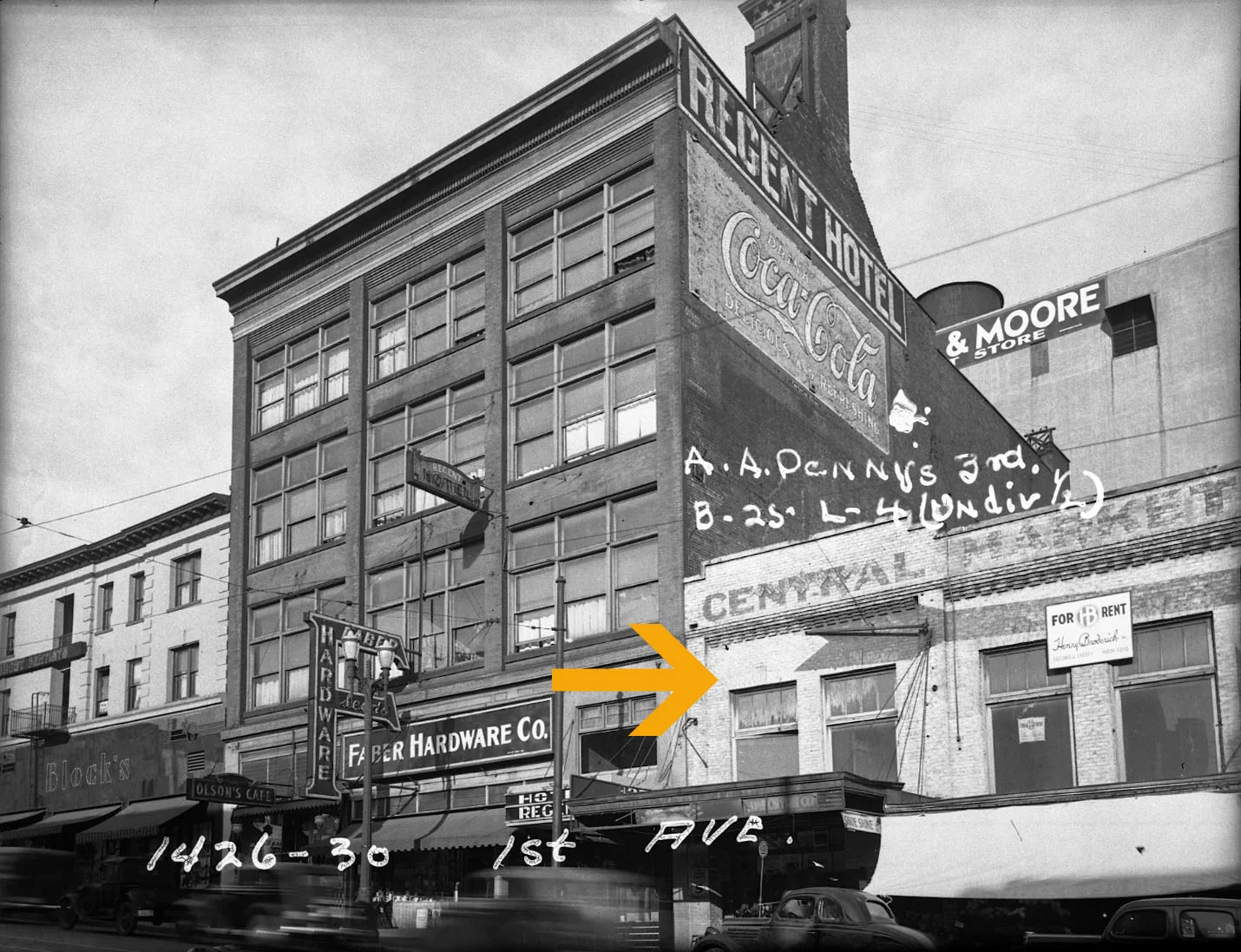 1937- site of the future Showbox in the Central Market building. Photo from Puget Sound Regional Archives.
