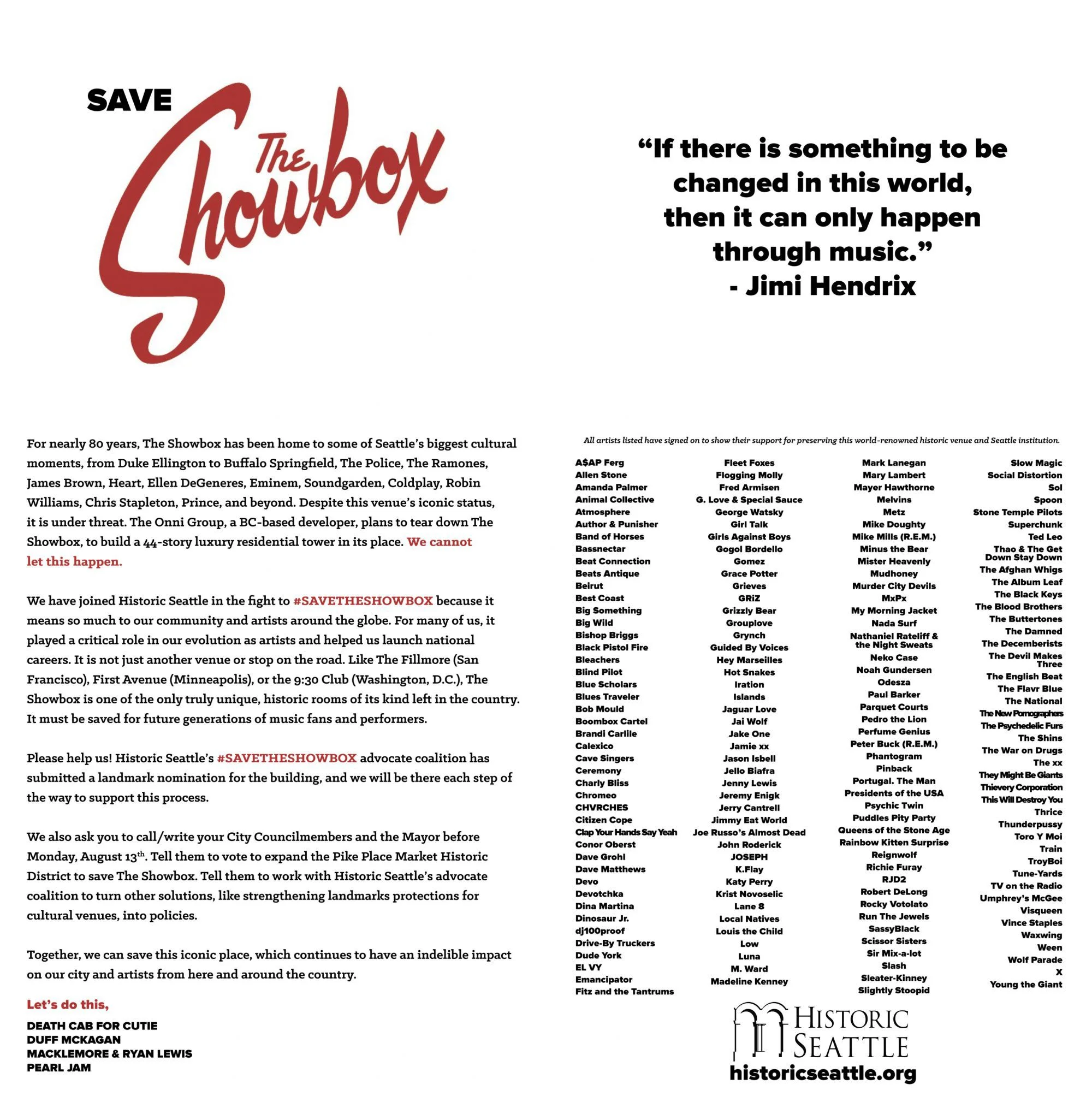 Seattle Times ad placed by the music community and Historic Seattle