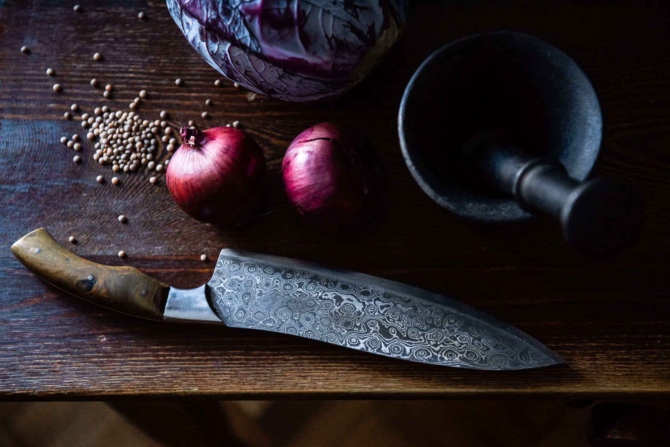 Rustic Table Setting with Red Onions Purple Cabbage Lentils Handcrafted Knife Food Photography