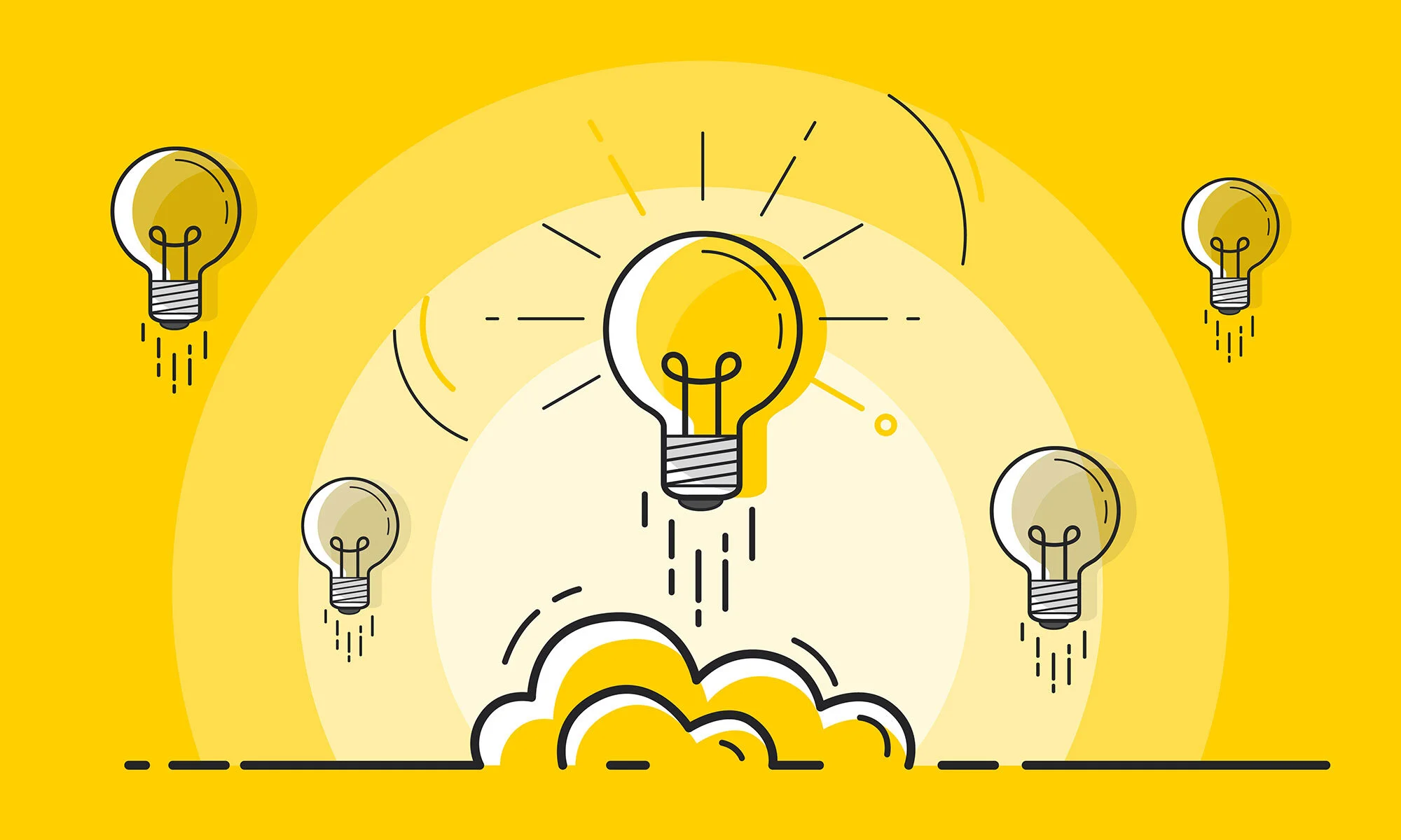 Illustration of yellow lightbulbs shooting up to the sky - lots of ideas!