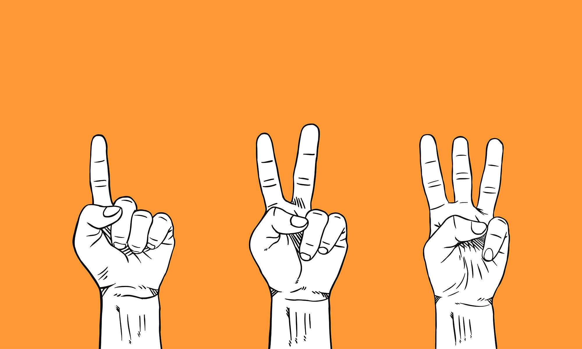 Illustration of three hands holding up 1, 2 and 3 fingers each