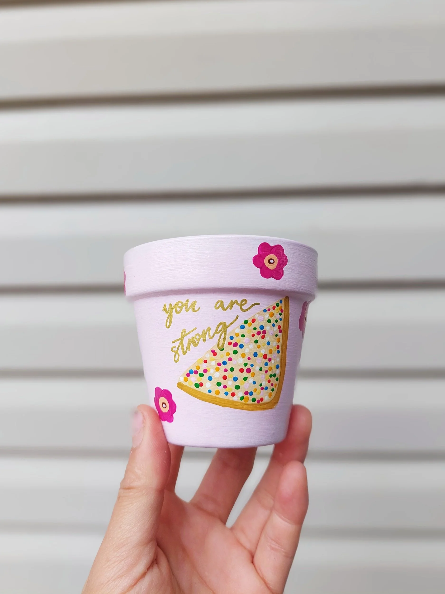 'You Are Strong' Fairy Bread Hand-painted Pot (Limited Ed. Breast Cancer Awareness Month) by Elle's Balcony Garden in Brisbane Australia