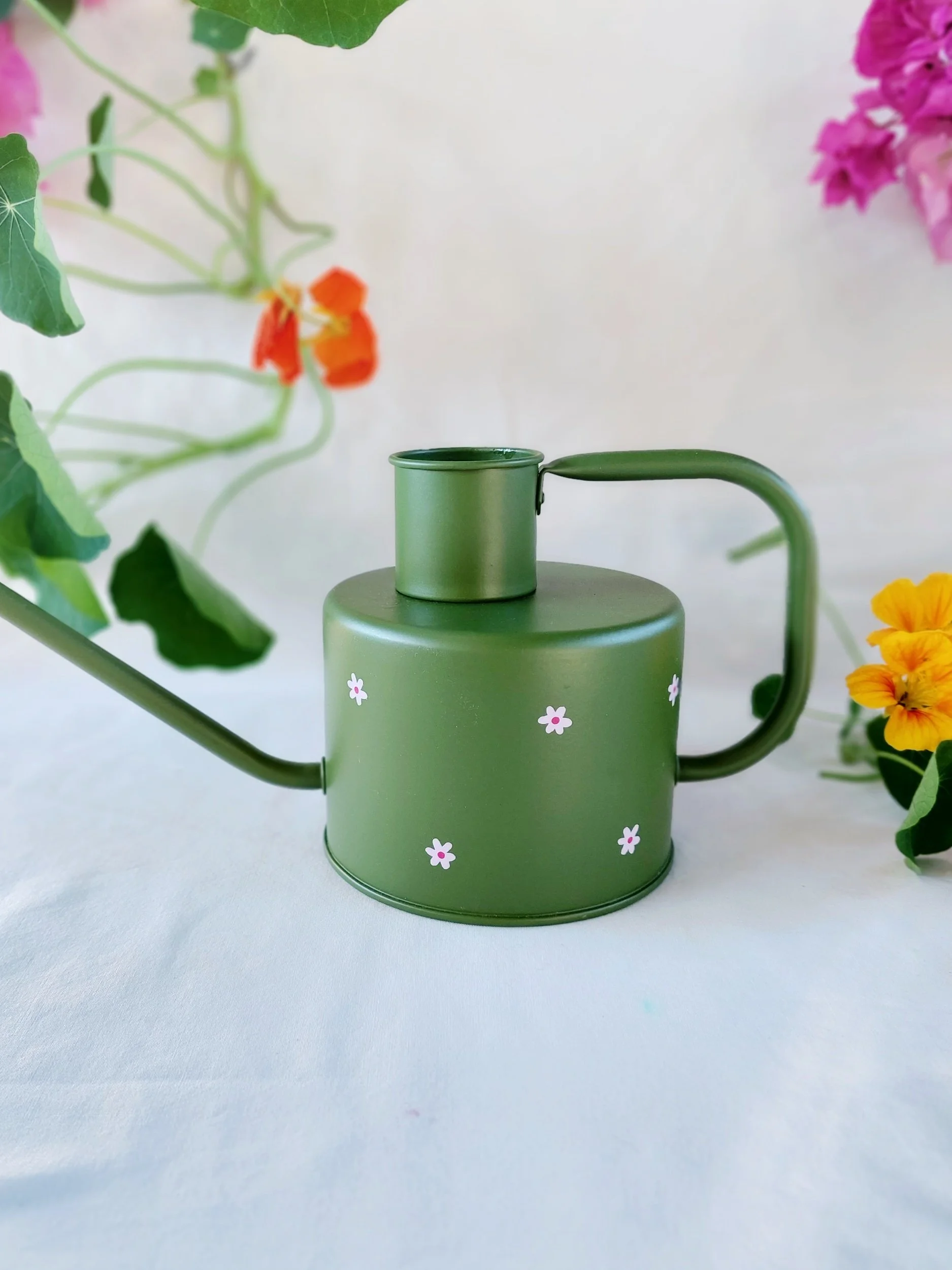 Little Florals: Olive Green Watering Can - Hand-painted in Brisbane by Elle's Balcony Garden