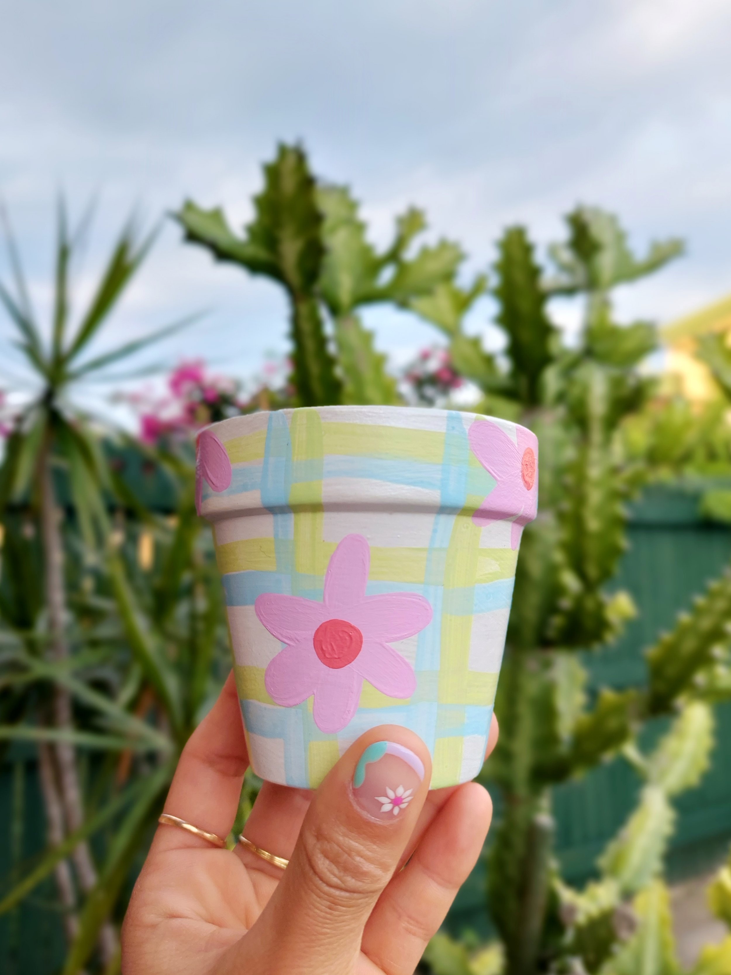Pink Floral Gingham Planter