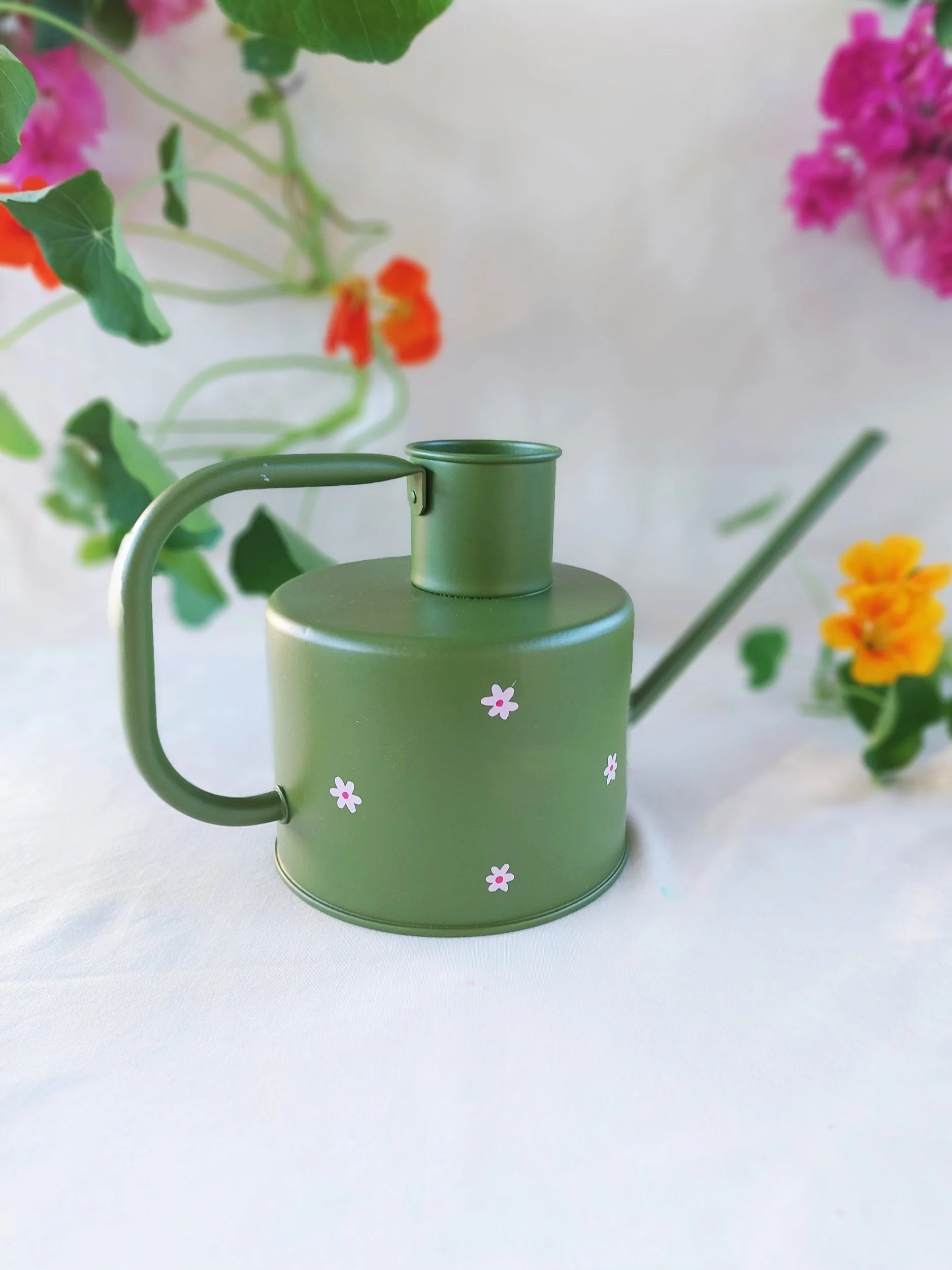 Little Florals: Olive Green Watering Can - Hand-painted in Brisbane by Elle's Balcony Garden