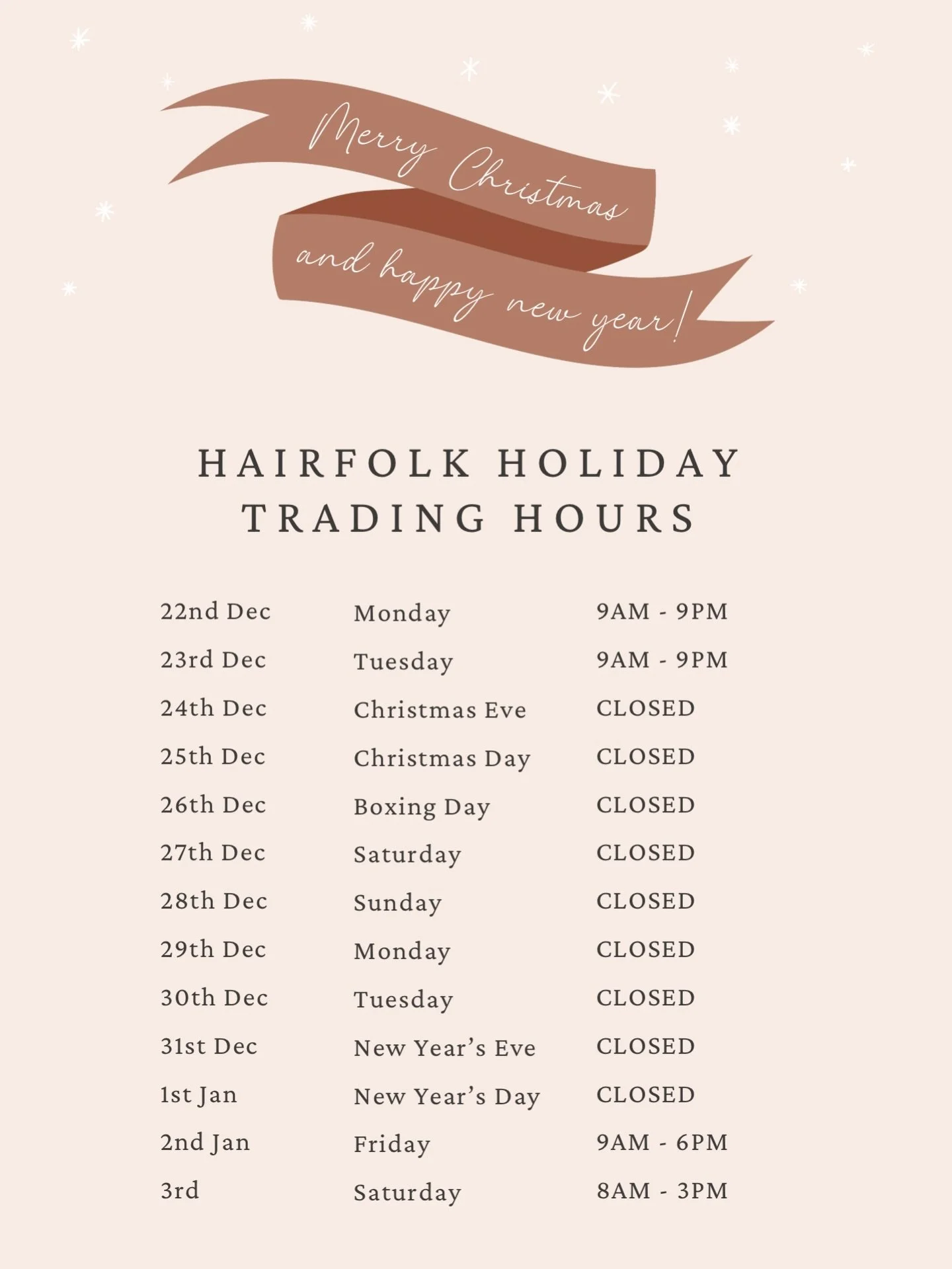 Just so you know 🎄Here is when our wonderful hair family will be having an extremely deserving break over the Holiday season ☀️ 🍦🍹