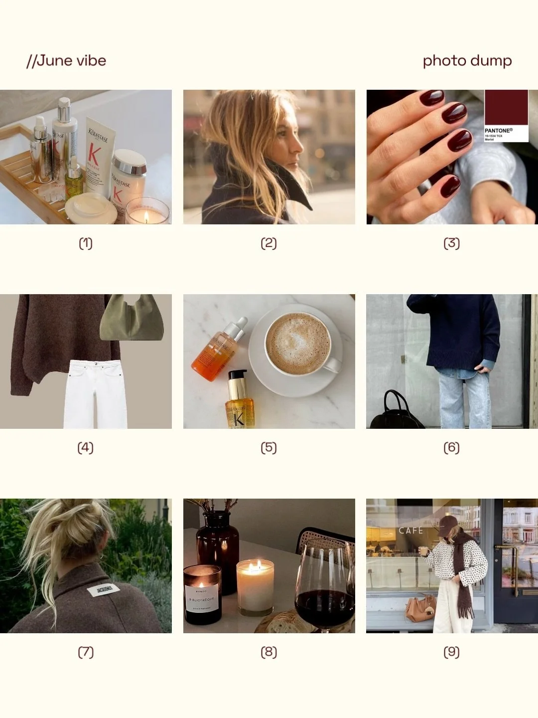 JUNE MANIFESTED // warm coats, healthy hair, earthy tones, good nails and hot coffee // May we all get the things we want and need 🫶🏽💆🏼&zwj;♀️