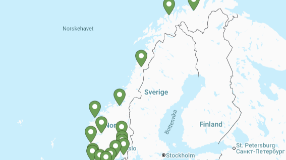 Section of a map of Norway with green arrows marking all 13 science centers