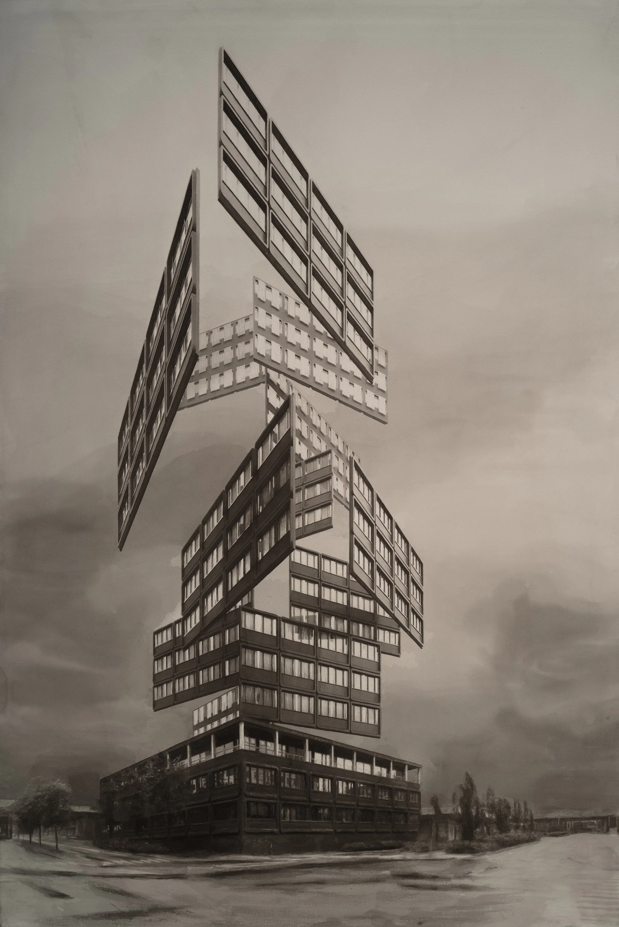 Myke vegger, hvitt tekstil I (2025), ink wash on paper