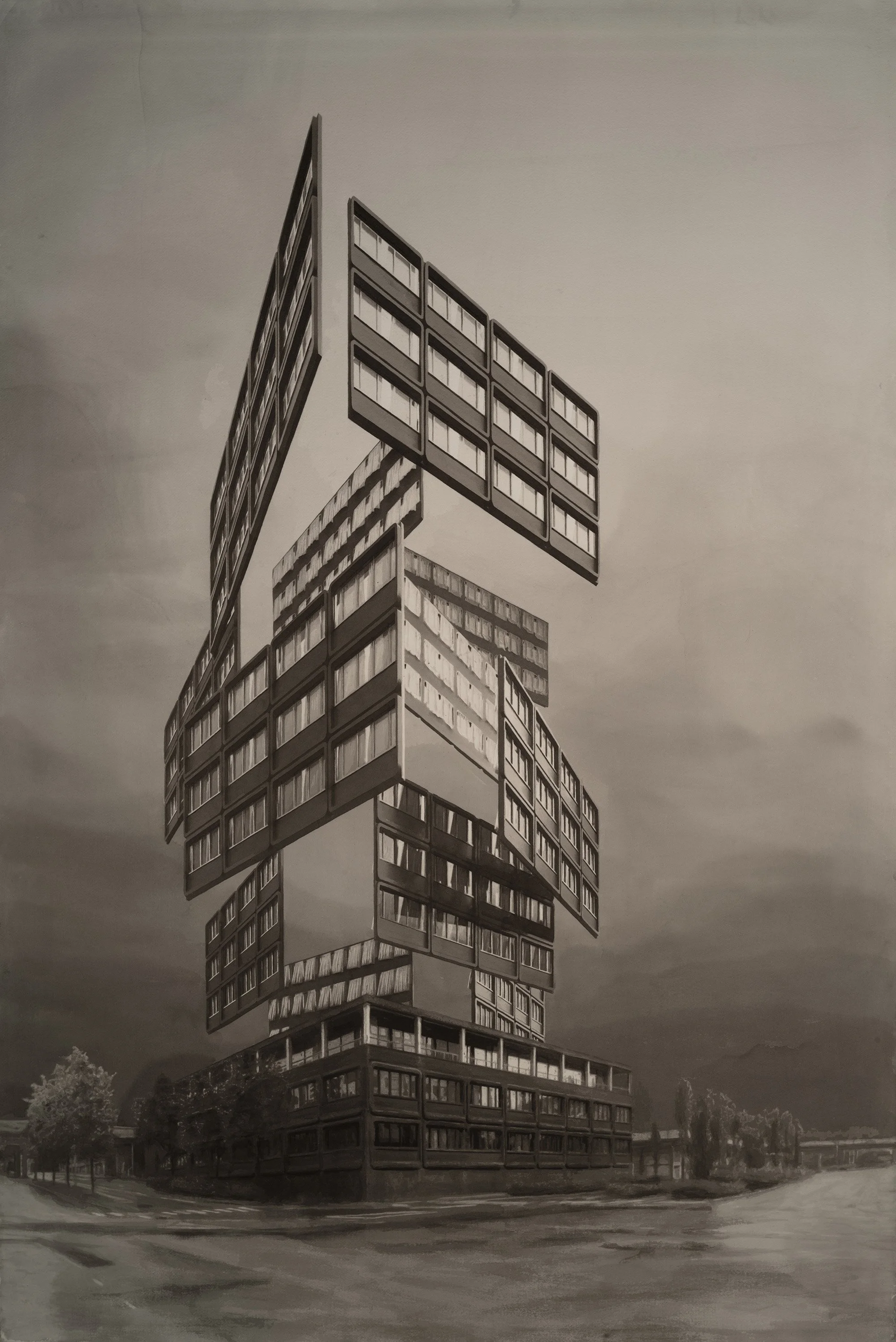 Myke vegger, hvitt tekstil II (2025), ink wash on paper