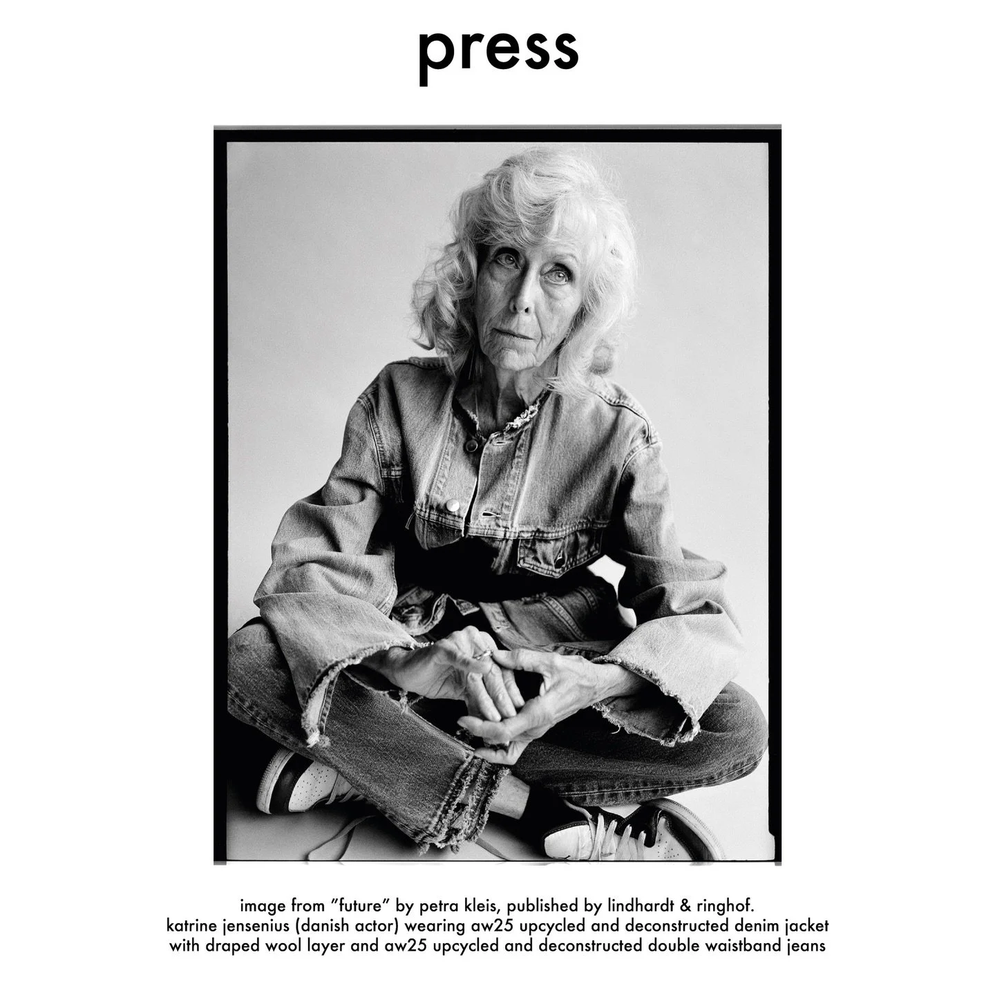 image from &ldquo;future&rdquo; by @petra_kleis, published by @lindhardtogringhof.
@katrinejensenius (danish actor) wearing aw25 upcycled and deconstructed denim jacket with draped wool layer and aw25 upcycled and deconstructed double waistband jeans