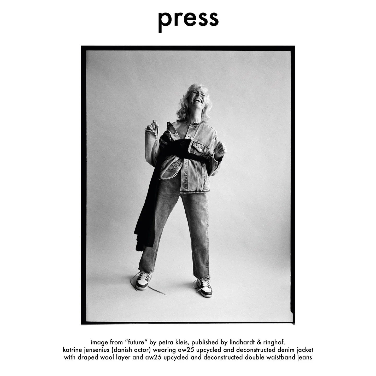 image from &ldquo;future&rdquo; by @petra_kleis, published by @lindhardtogringhof.
@katrinejensenius (danish actor) wearing aw25 upcycled and deconstructed denim jacket with draped wool layer and aw25 upcycled and deconstructed double waistband jeans