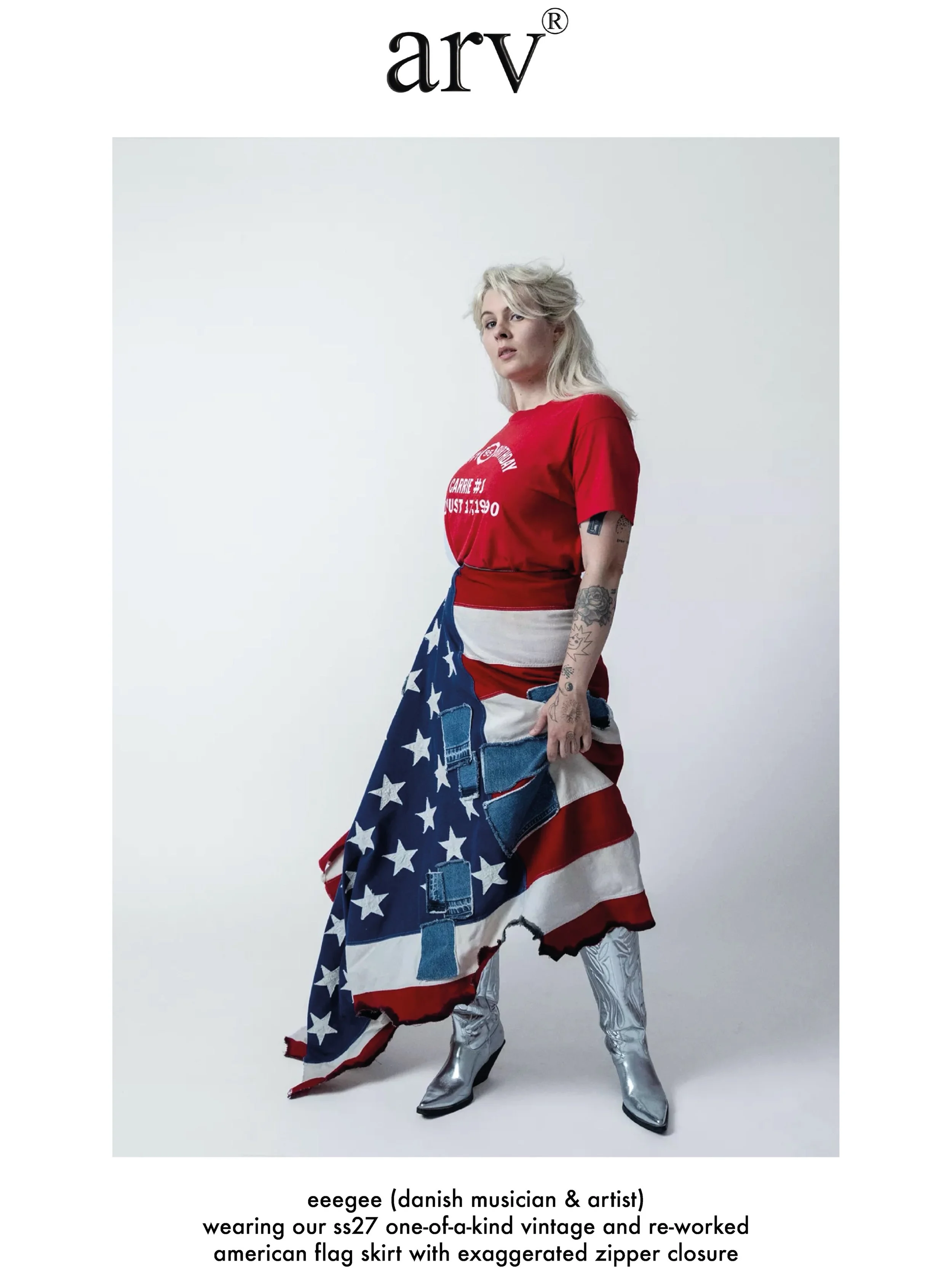 musician &amp; artist @eeegeephonehome wearing our ss27 one-of-a-kind vintage and re-worked american flag skirt with exaggerated zipper closure for @gaffadk