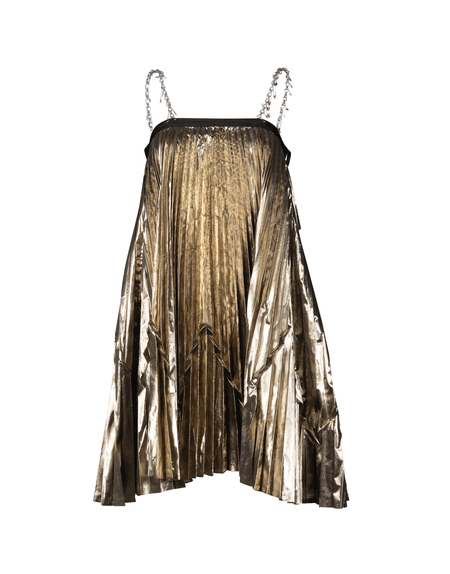 arv® — PYRAMID PLEATED GOLD DRESS WITH SAFETY PIN EMBELLISHMENT ON