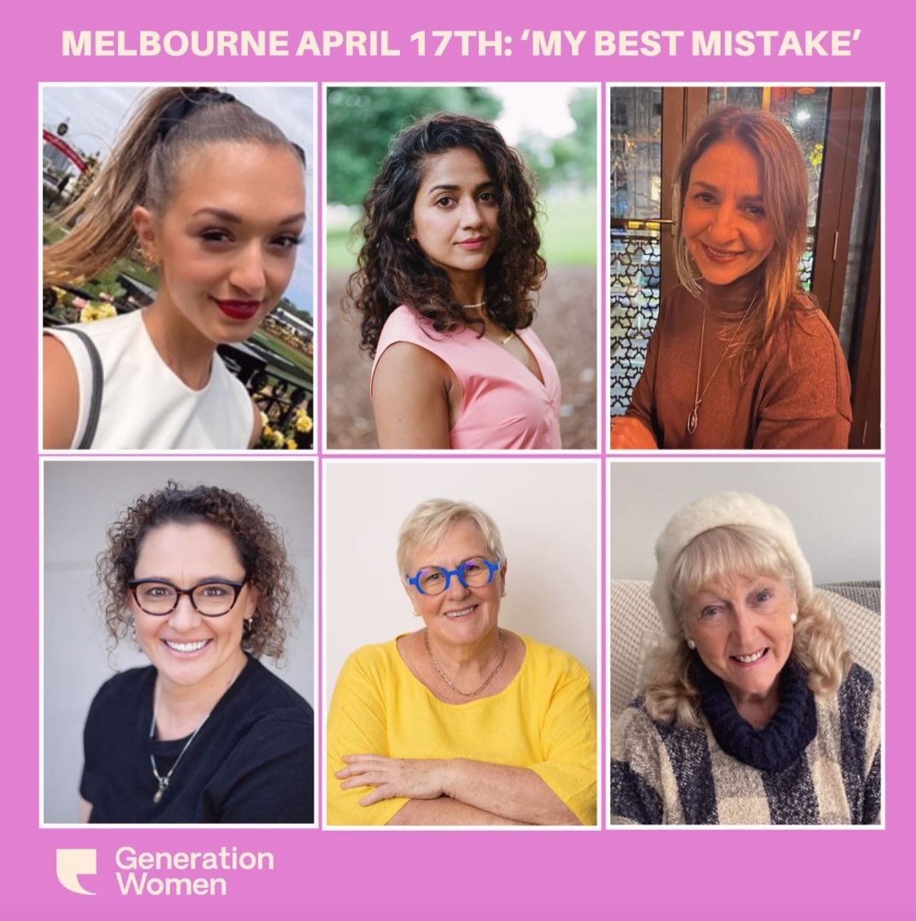 🌟 Exciting News! 🌟 Join us on THIS Wednesday April 17th for an unforgettable evening of cross-generational storytelling at Generation Women Melbourne!

Theme: My Best Mistake- Mistakes are inevitable, but sometimes a misstep can take us down the ri