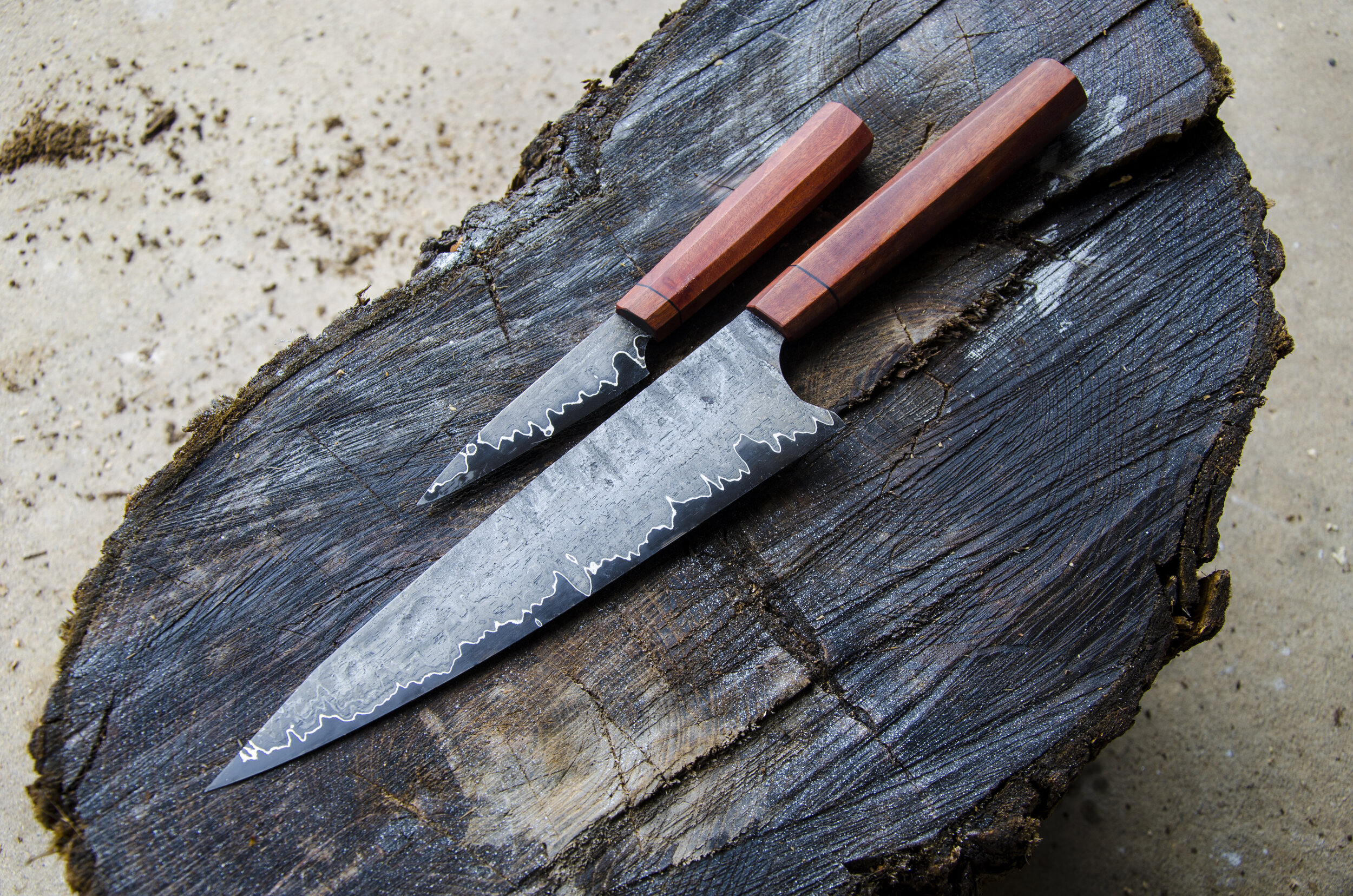  1095, Nickel and Wrought Iron San Mai, Red Gum Handle 