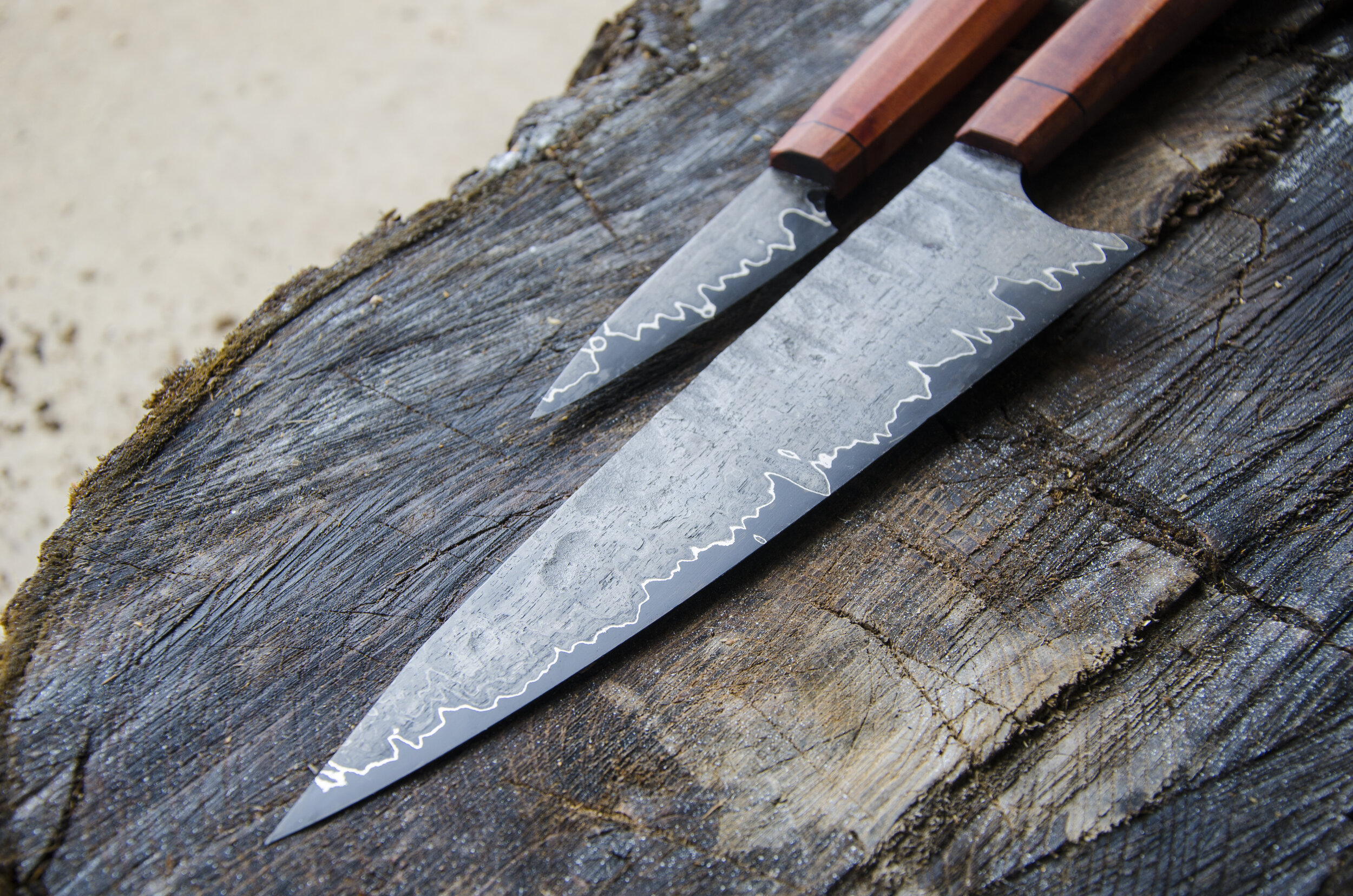  1095, Nickel and Wrought Iron San Mai, Red Gum Handle 