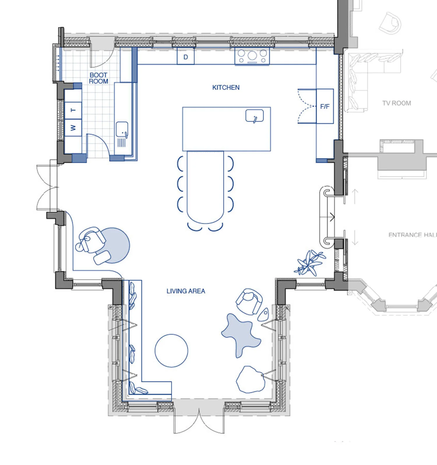 Plan of the boot room, kitchen, dining and family living areas