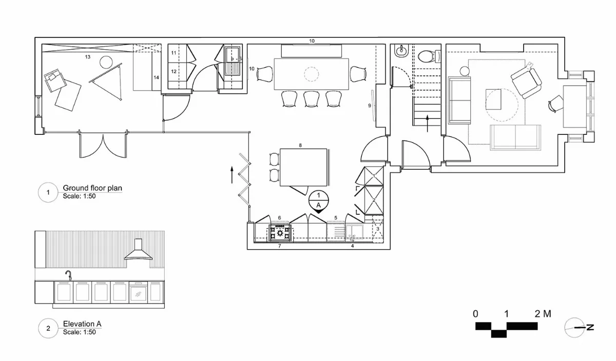 Ground floor plan and kitchen elevation