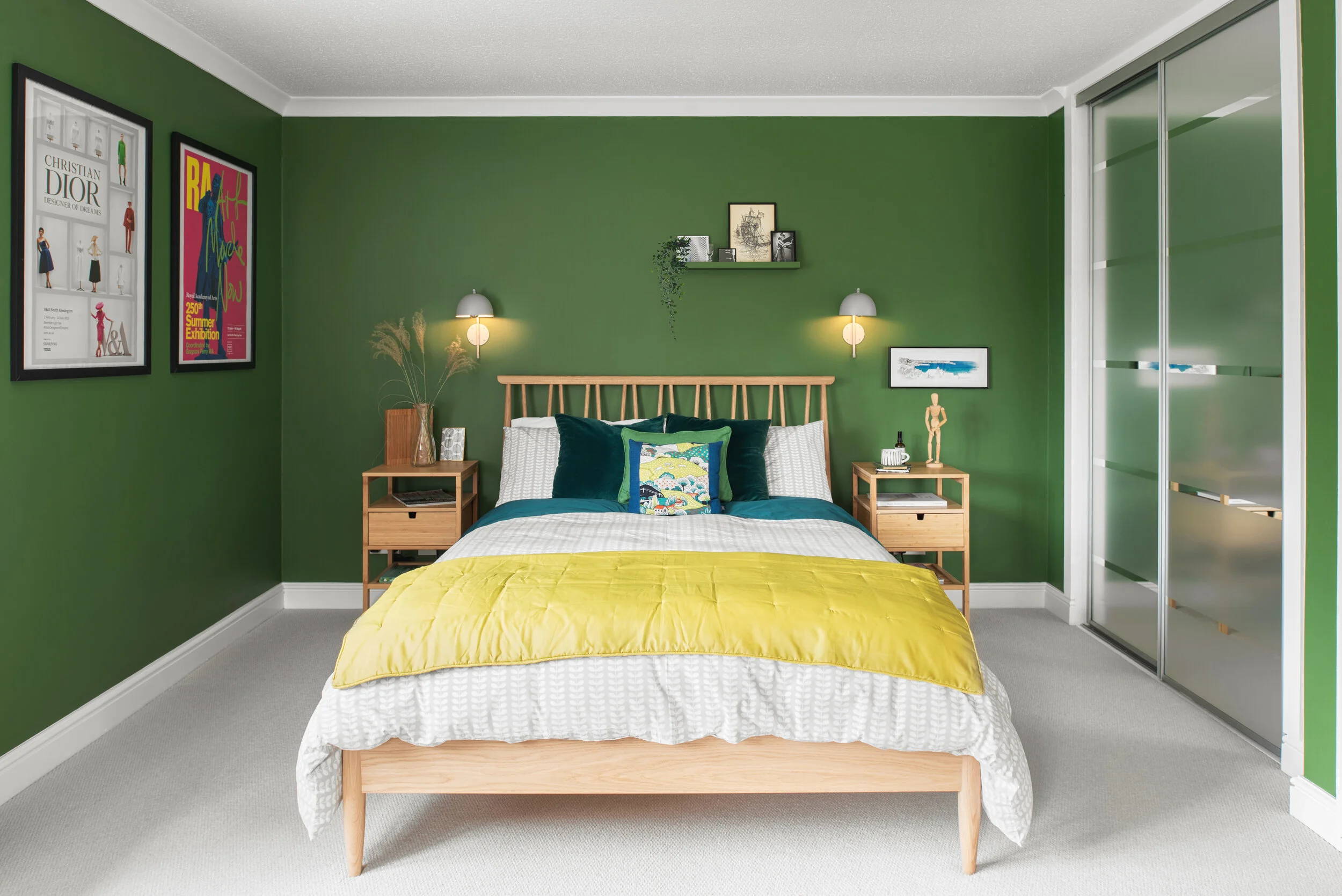 Graphic Cole &amp; Sons wallpaper, chartreuse linen and Stag side table