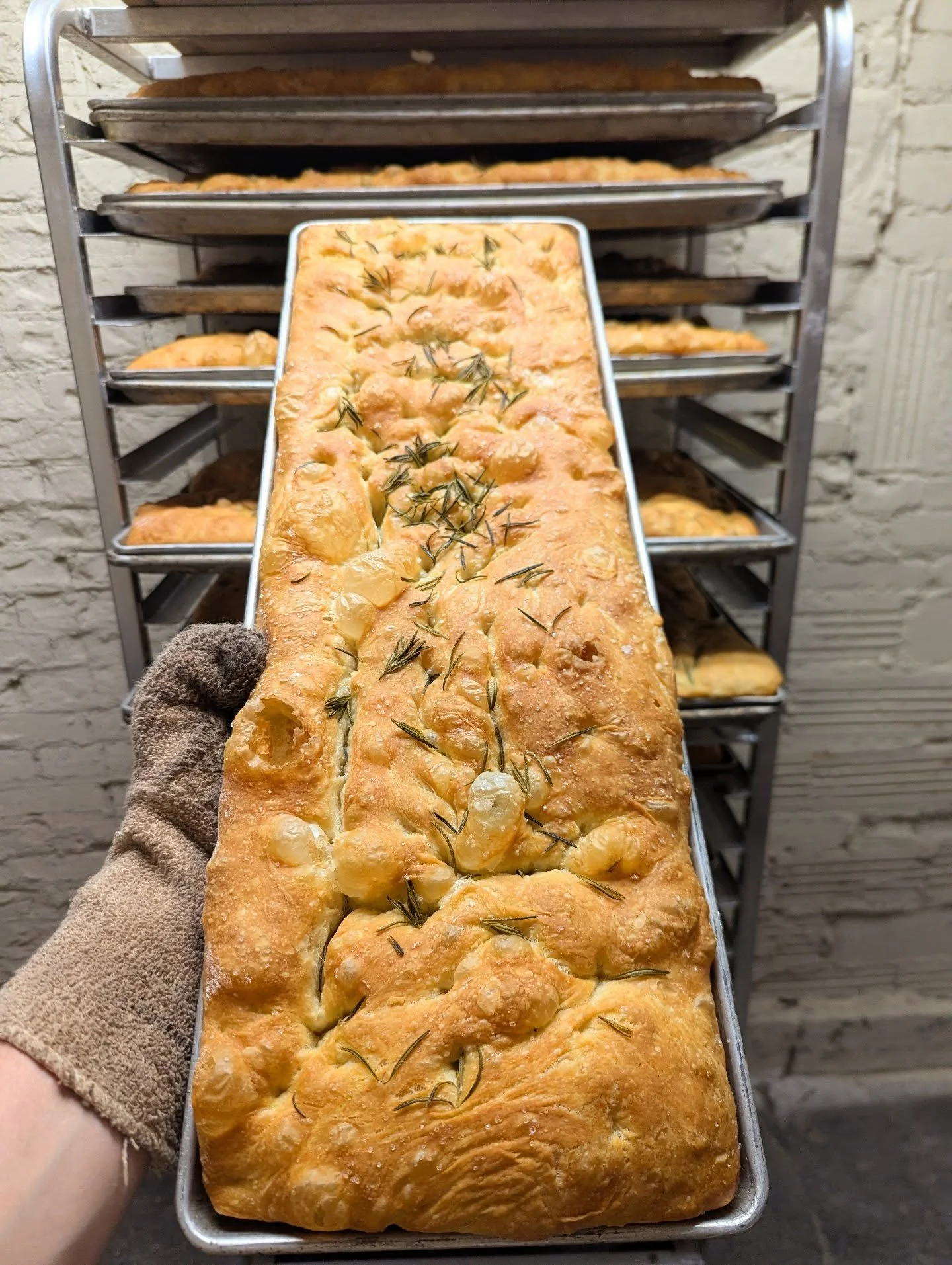 Oh boy, a typo in our production resulted in WAY too much focaccia being made today! Luckily this is one of the most delicious breads we make so I shouldn't have any trouble convincing everyone to come down and pick up one of these special for your w
