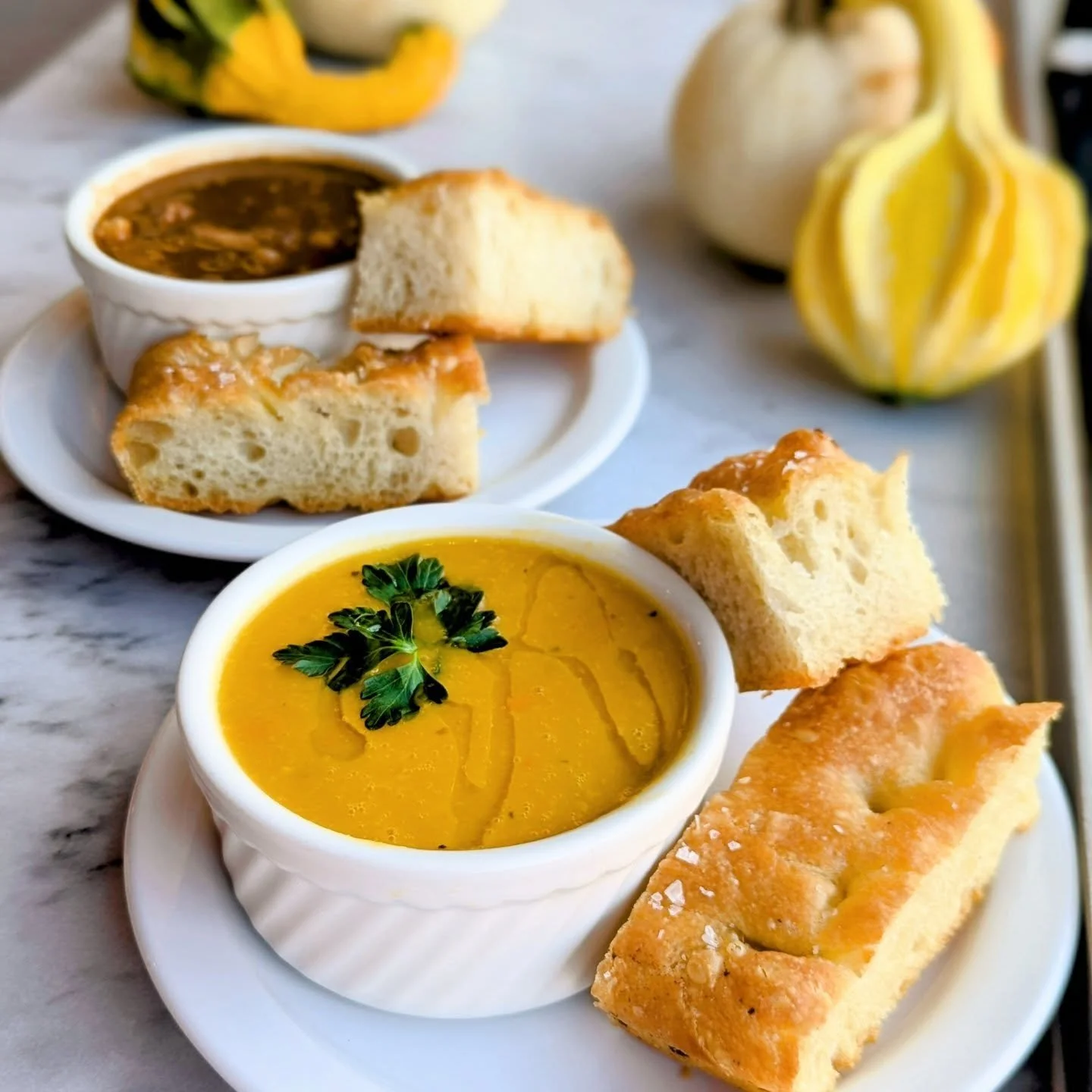 It's the perfect season for butternut squash soup! Along with one of our favorites, chicken mol&eacute; chili!

The chili is a riff on the Mexican sauce, rich with dried peppers, spices, and even a little bit of cocoa. We then add hominy(one of my fa