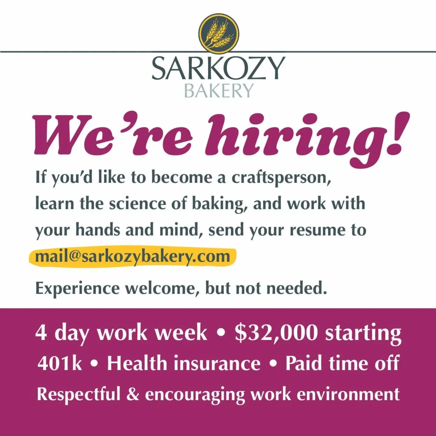 A driving ethos of our bakery is to give as much back to the employees as possible. Judy has always felt that staff put in the labor and care that makes this place what it is and has strived to compensate people appropriately.

A few years ago we beg