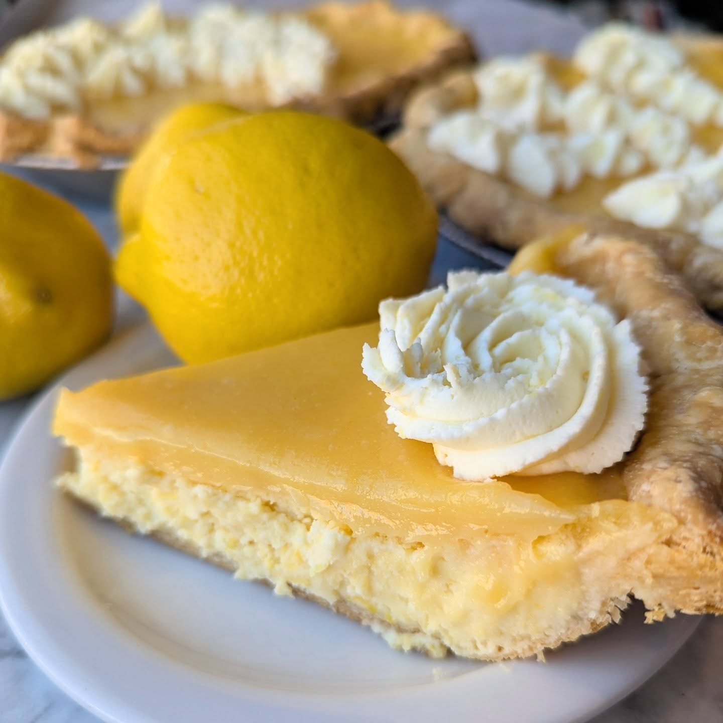 Happy Monday! Introducing our pie of the month: Lemon Ricotta!

Whipped ricotta and mascarpone makes for a light base topped with our house made lemon curd. It's light, creamy, bright, and balanced! Get it by the slice, or order a whole one for Easte