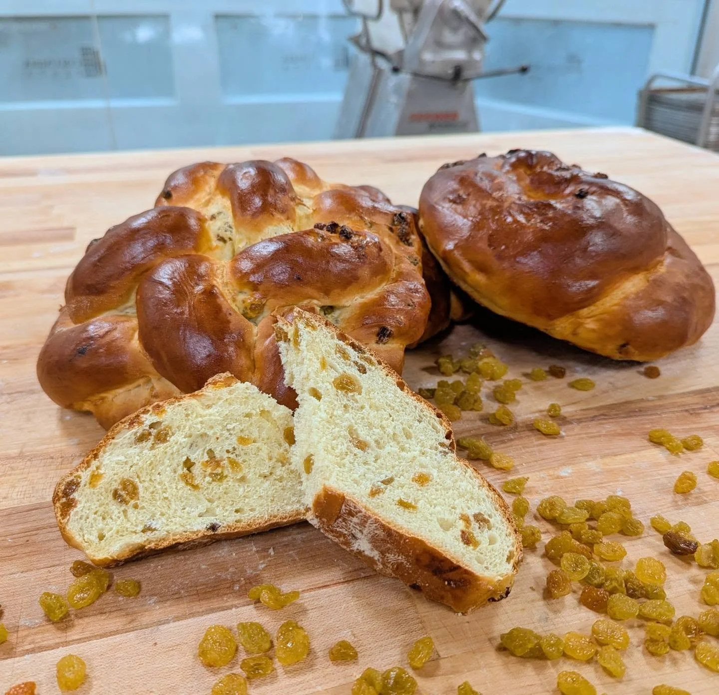 Very happy with this year's batch of Golden raisin round challah!

We traditionally make these loaves for Rosh Hashanah, the Jewish new year celebration. They start as the same delicious, fluffy, light sweet dough as our weekly braided challah. But t