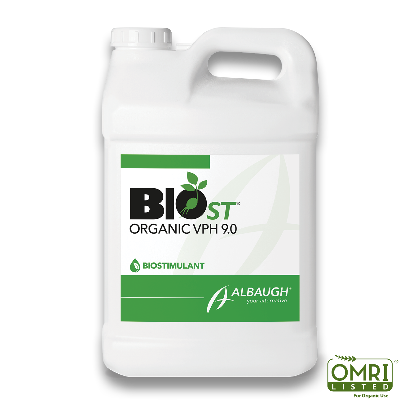 Two containers of organic seed treatment labeled BIO ST, one large white box and one large white bottle, on a wooden surface.