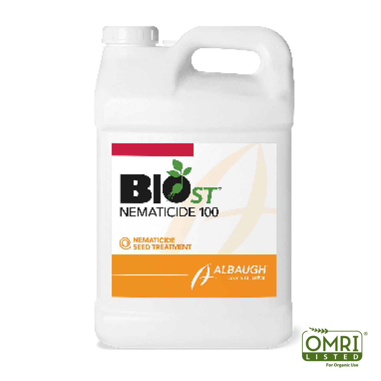 A large green container of biological nematicide labeled BIOST, with a cardboard box beside it containing more BIOST labels, on a wooden surface.