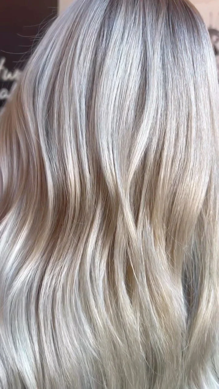 Platinum blonde silver hair result close-up