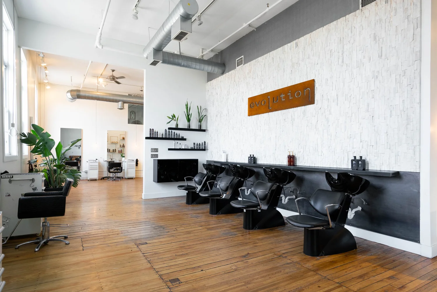 Salon shampoo stations with evolution sign on wall