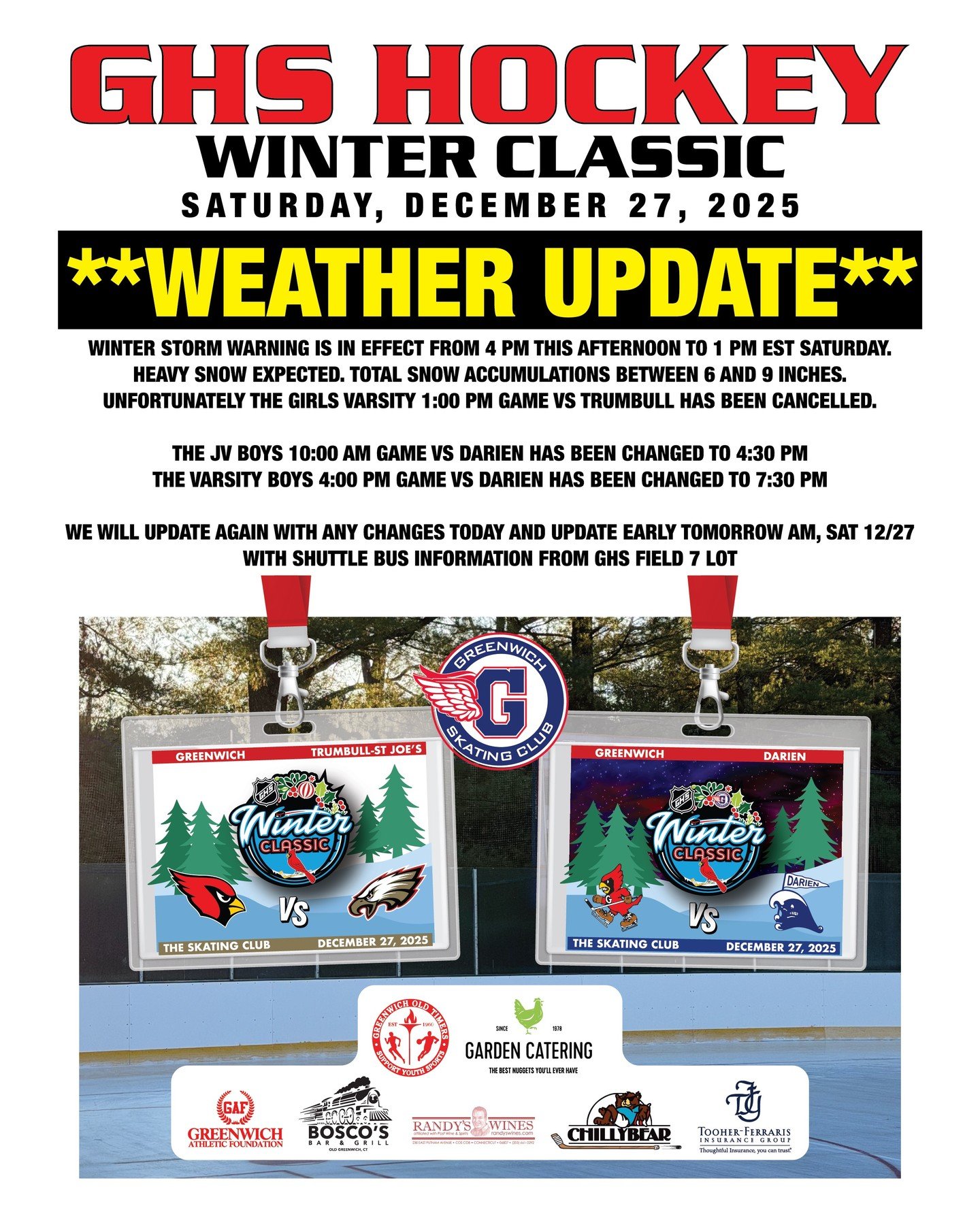 ❄️ WEATHER UPDATE &ndash; GAME CHANGE ❄️

Due to the expected snowfall tonight, the GHS Girls Hockey game has been cancelled. 

The game will be rescheduled as an Indoor Winter Classic at Hamill Rink, creating an exciting game-day experience for our 