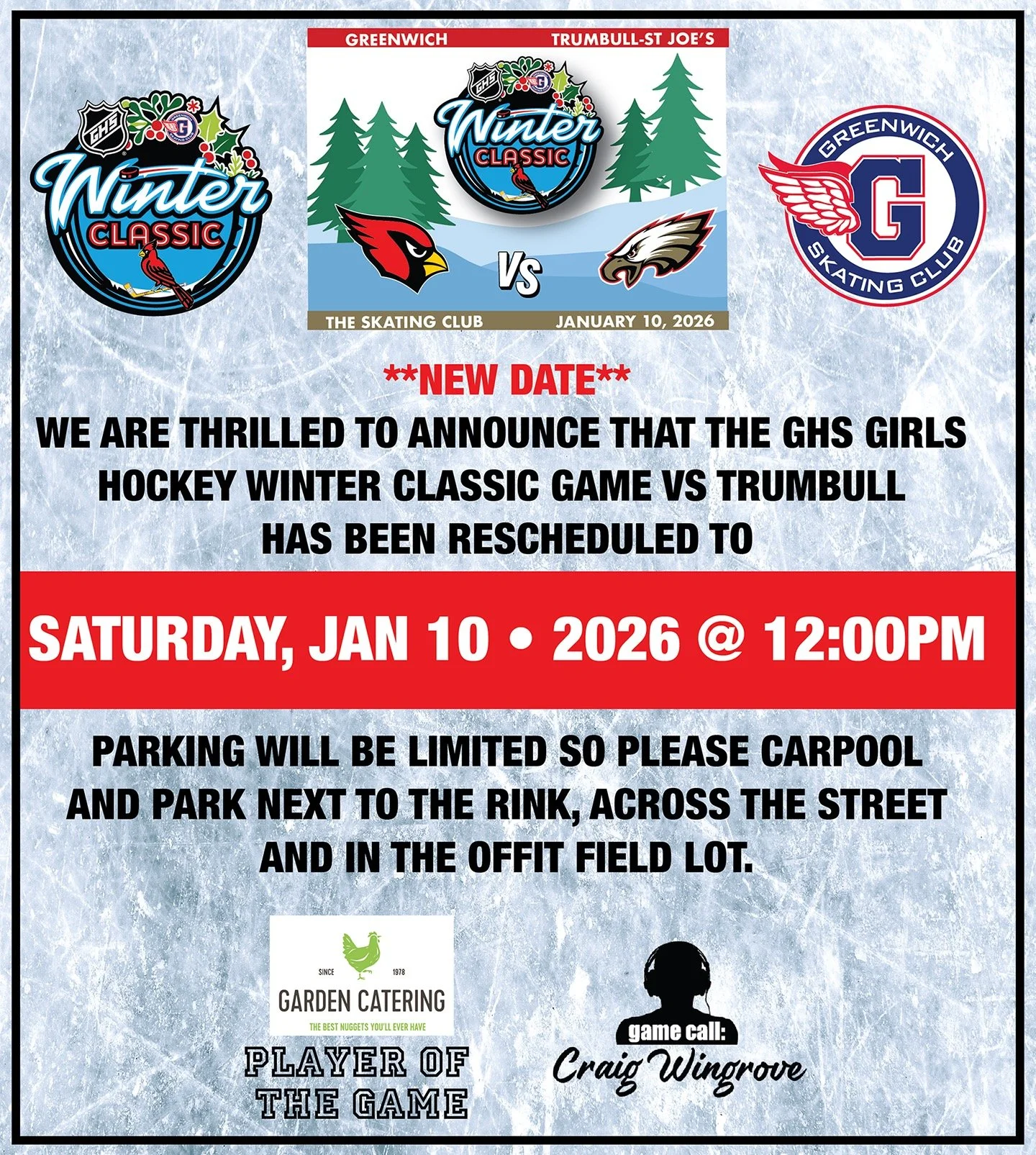 WINTER CLASSIC RESCHEDULED! ❄️
📅 Sat &bull; Jan 10 &bull; 2026
🕛 Noon
📍 Greenwich Skating Club

GHS vs TRUMBULL!
LET&rsquo;S GO BIG RED 🔴🔥