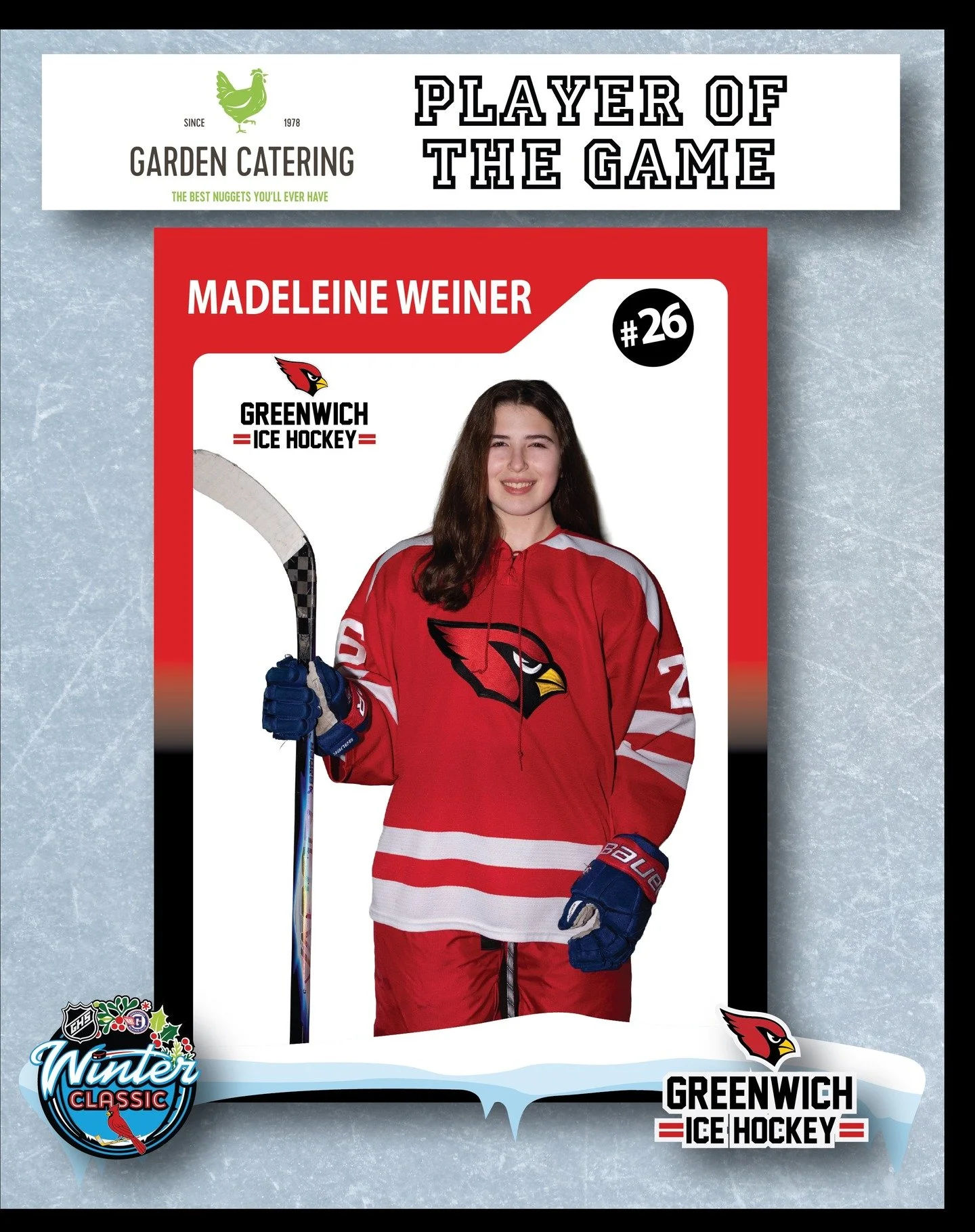 Congratulations to Maddy Weiner!
⭐️ Garden Catering Player of the Game
Netting 2 amazing goals in today&rsquo;s GHS Winter Classic ❄️🏒
Way to lead, Maddy!