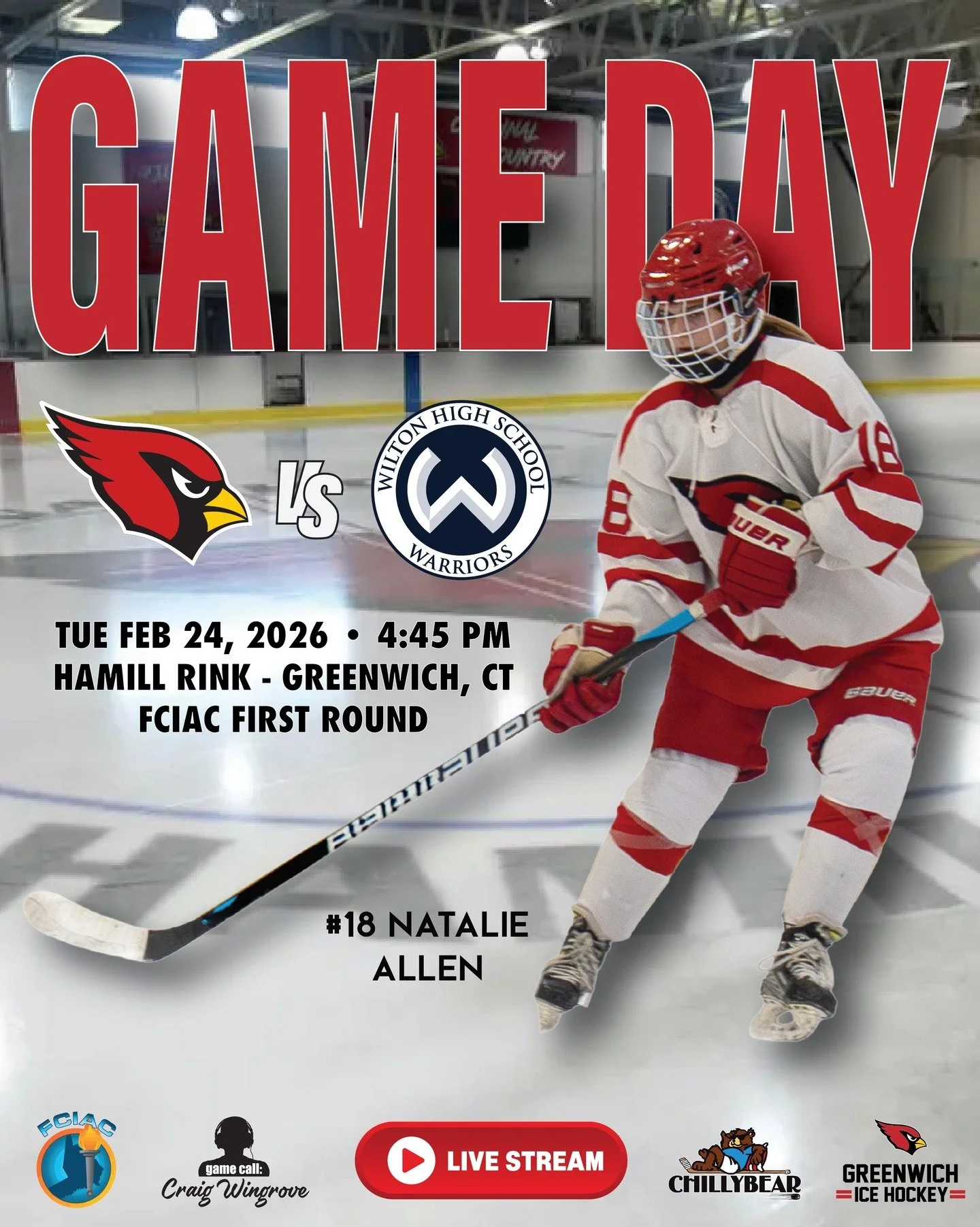 🔥 FCIAC PLAYOFF HOCKEY &ndash; FIRST ROUND 🔥

Natalie Allen and the Cardinal defense will fiercely protect home ice as the Cardinals battle the Wilton Warriors in the opening round of the FCIAC Playoffs!

📍 Dorothy Hamill Rink
🆚 Wilton Warriors
?