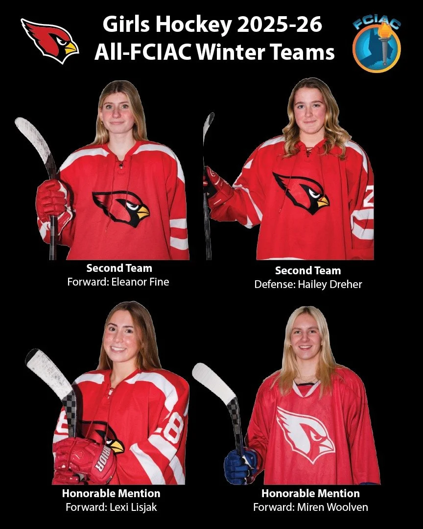 Congratulations to Eleanor Fine, Hailey Dreher, Lexi Lisjak, and Miren Woolven on being selected as All-FCIAC hockey players this season!

🏒 Eleanor Fine &mdash; 2nd Team All-FCIAC Forward
🏒 Hailey Dreher &mdash; 2nd Team All-FCIAC Defense
🏒 Lexi 