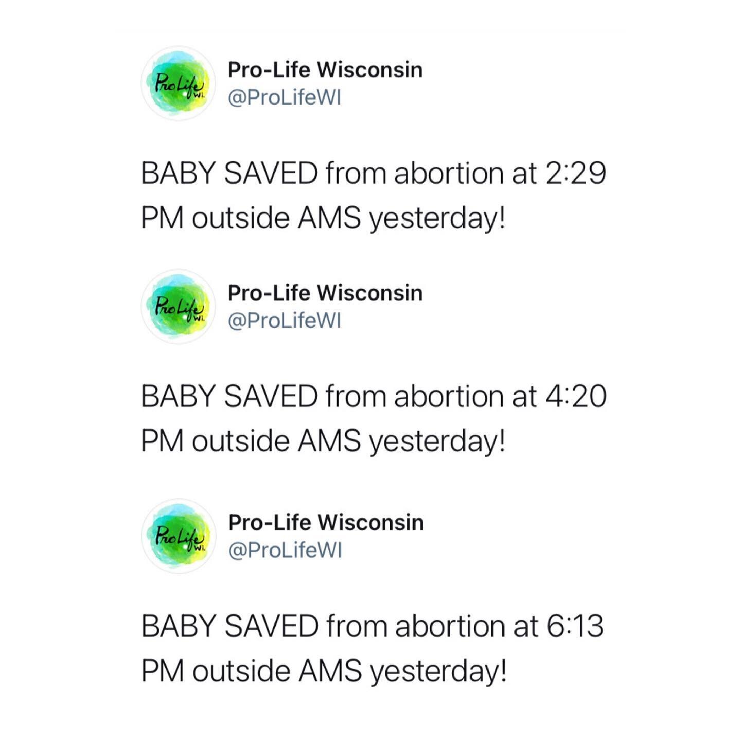 THREE babies were saved from abortion yesterday! Because of your prayers and the work of our sidewalk counselors, these precious lives were saved and the abortion-minded men and women were spared from the trauma of abortion. #SaveLives