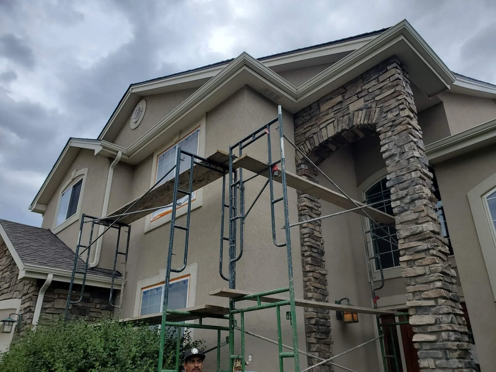 Stone installers and hail damage, Windsor, Colorado.
