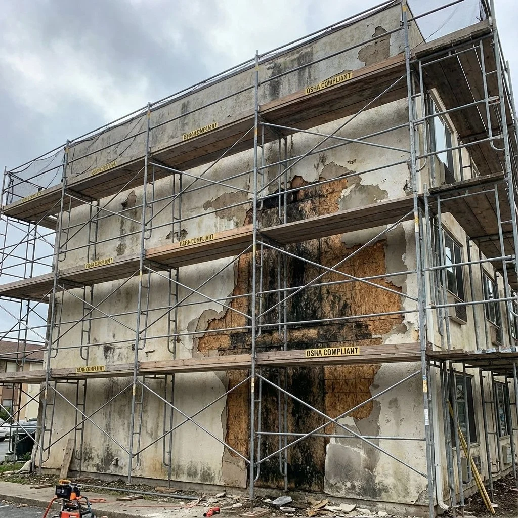 Side of a building with peelingstucco and large water damage stain, surrounded by scaffolding with OSHA compliant signs.