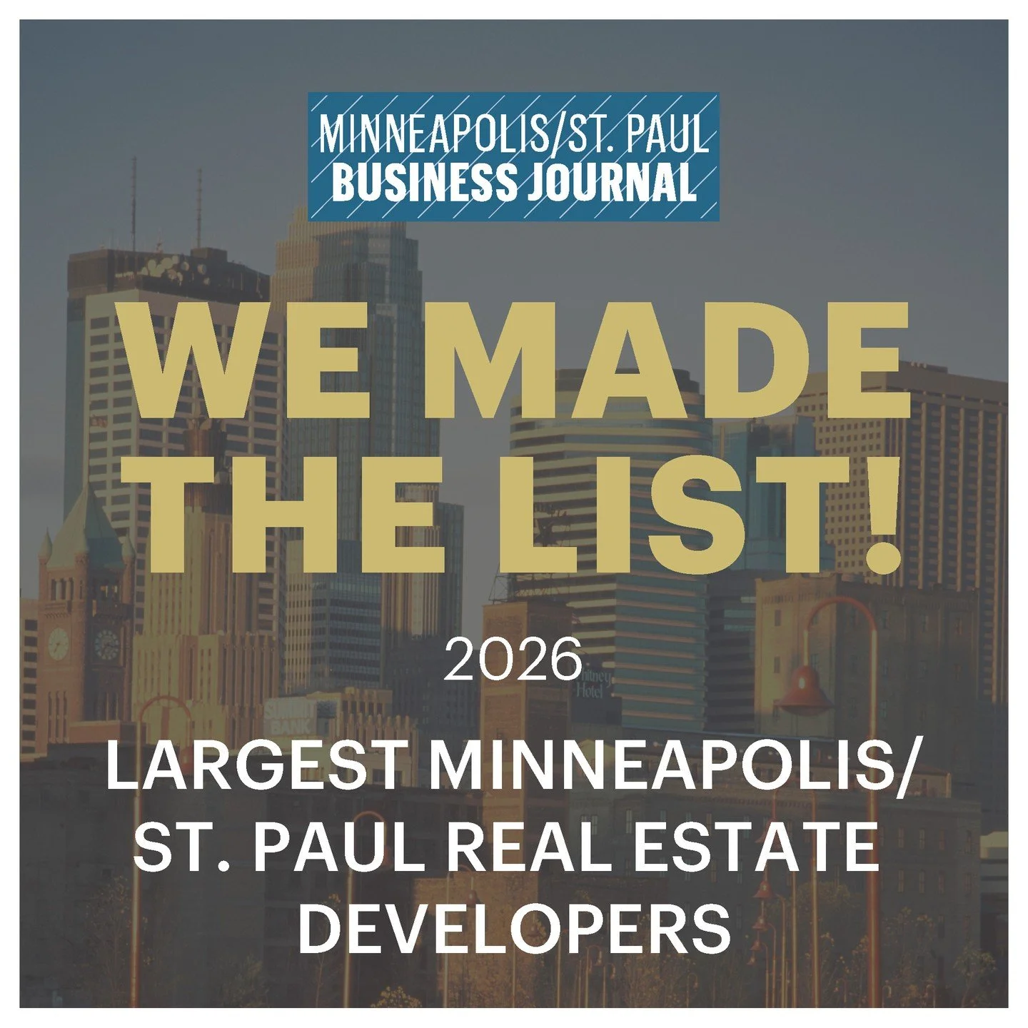 Honored to be named to the MSP Business Journal&rsquo;s 2026 Largest Real Estate Developers list. So grateful for our team and partners who make it all happen. 🙌