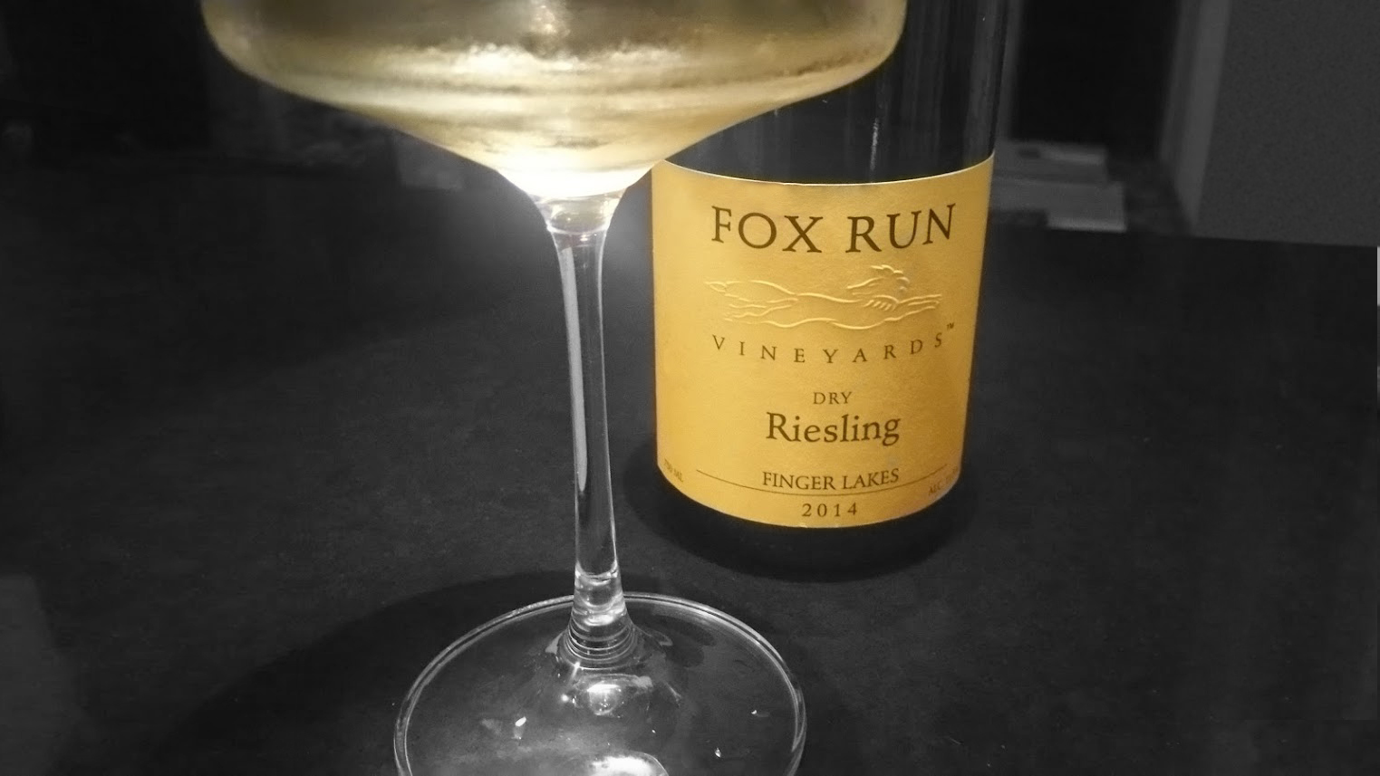 Fox Run Winery's dry Riesling wine, on a counter top