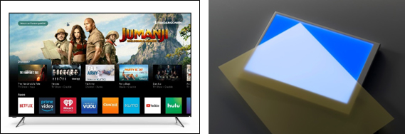Photos: VIZIO’s“P-Series Quantum 65”(left) and Hitachi Chemical’s quantum dot film – yellow sheet at the front (right)